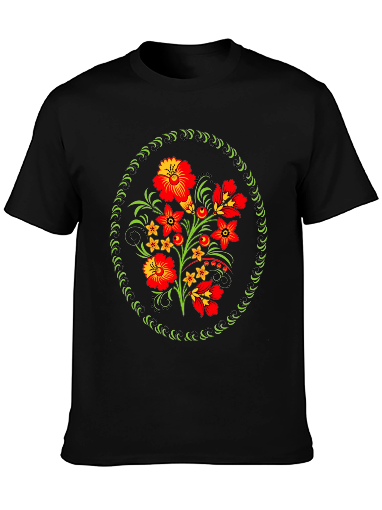 Floral Folk Art Graphic Tee - Black Cotton