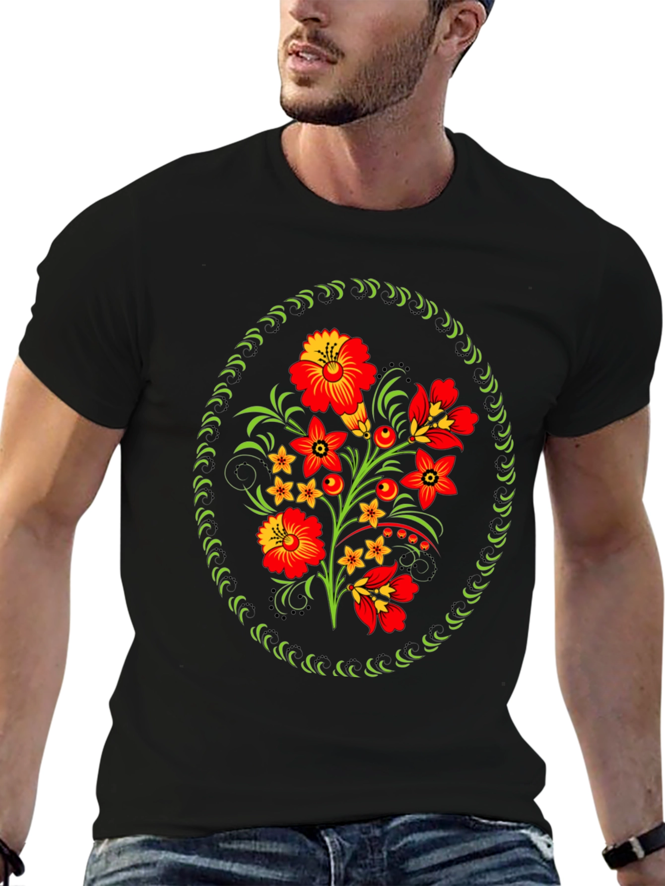 Floral Folk Art Graphic Tee - Black Cotton