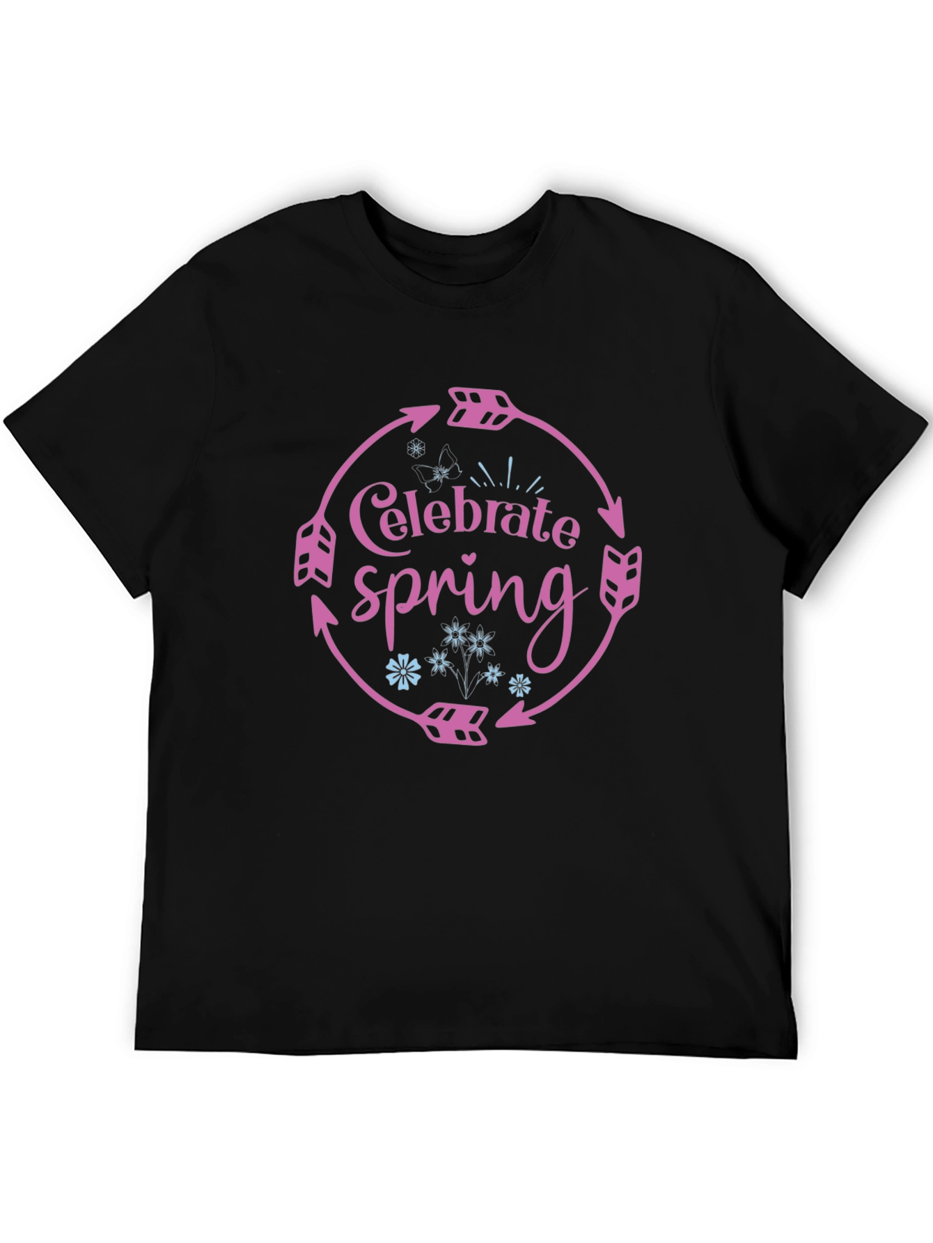 Celebrate Spring Black T-Shirt with Arrow Circle Design