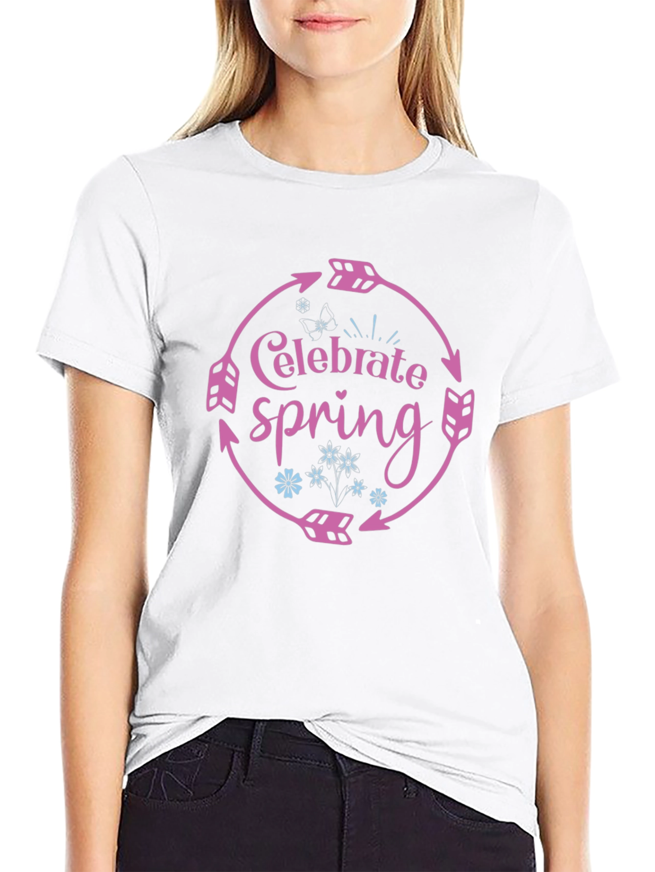 Celebrate Spring Black T-Shirt with Arrow Circle Design
