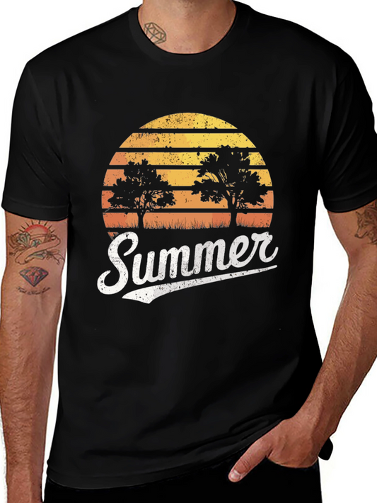 Retro Summer Sunset Tree Graphic T-Shirt