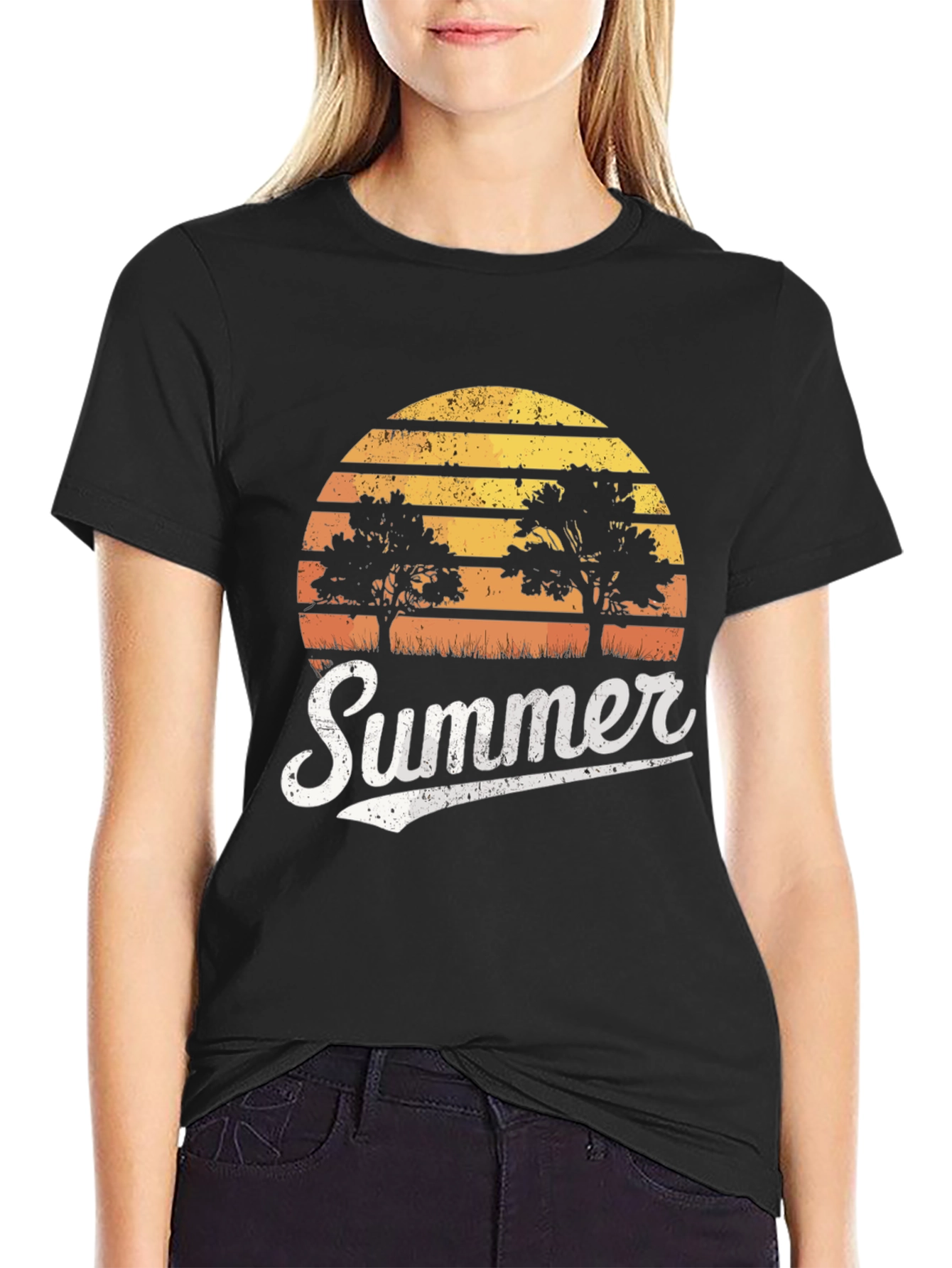 Retro Summer Sunset Tree Graphic T-Shirt