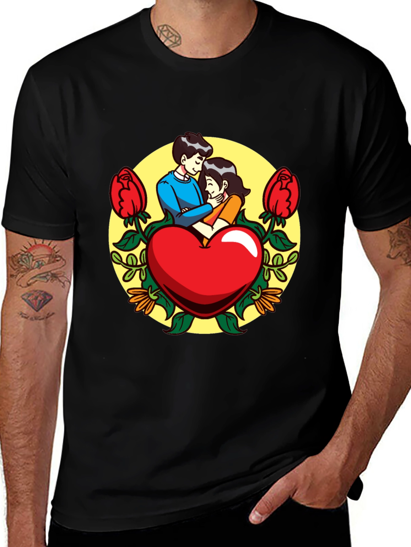 Romantic Couple Heart Graphic Black T-Shirt