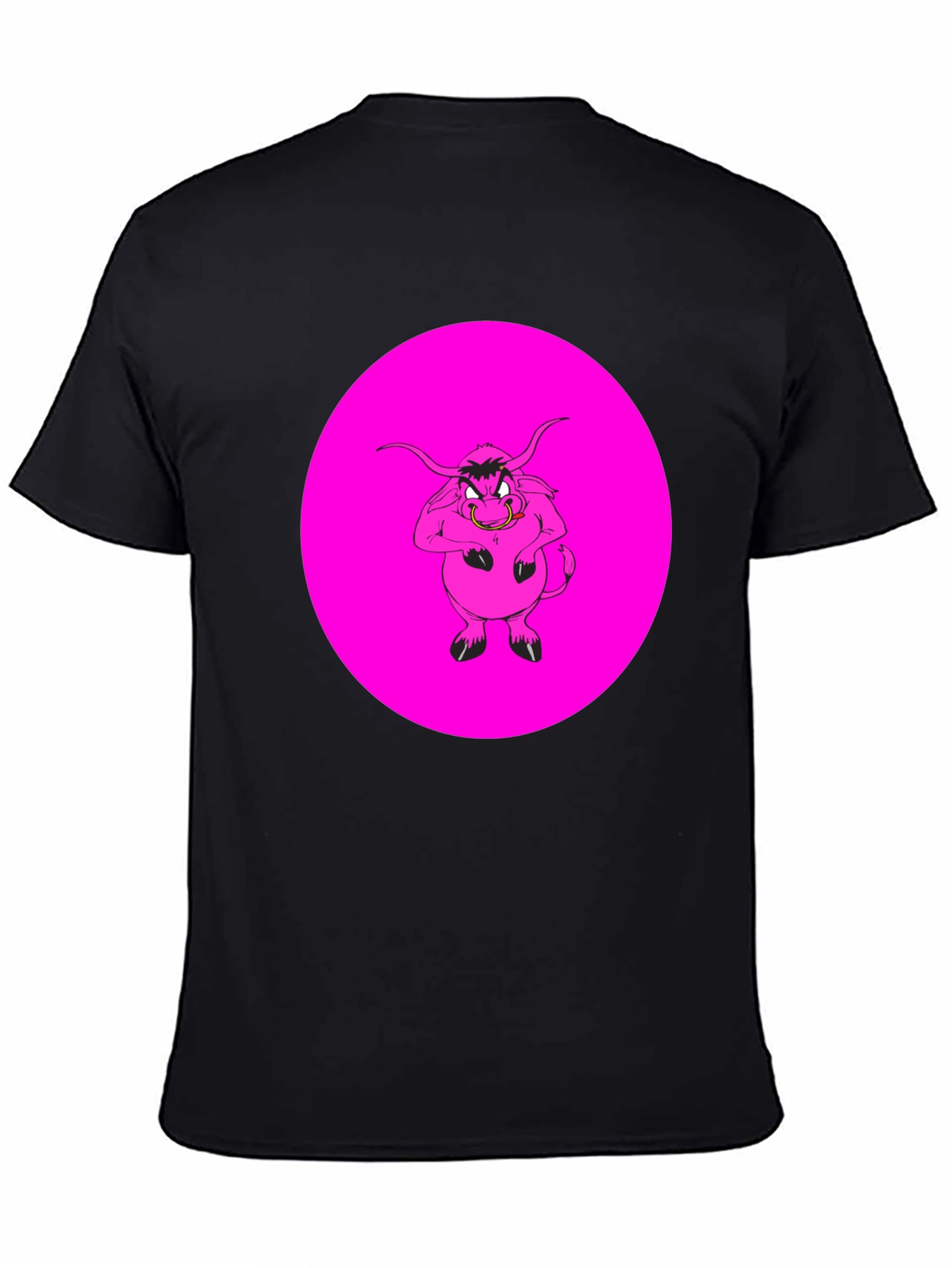 Pink Angry Bull Graphic Print Black T-Shirt