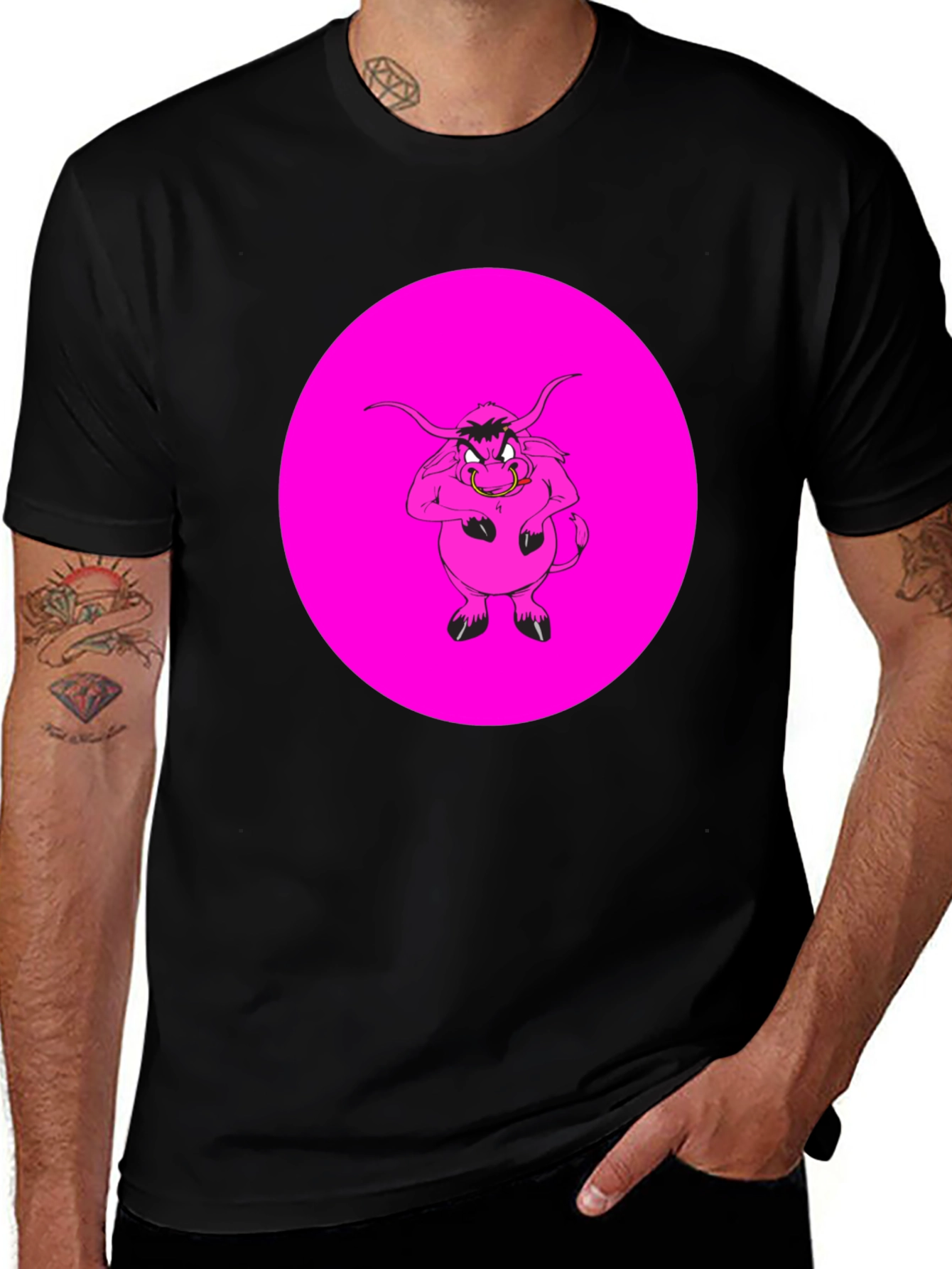 Pink Angry Bull Graphic Print Black T-Shirt