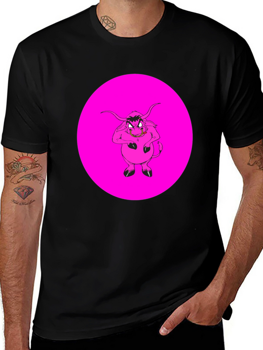 Pink Angry Bull Graphic Print Black T-Shirt