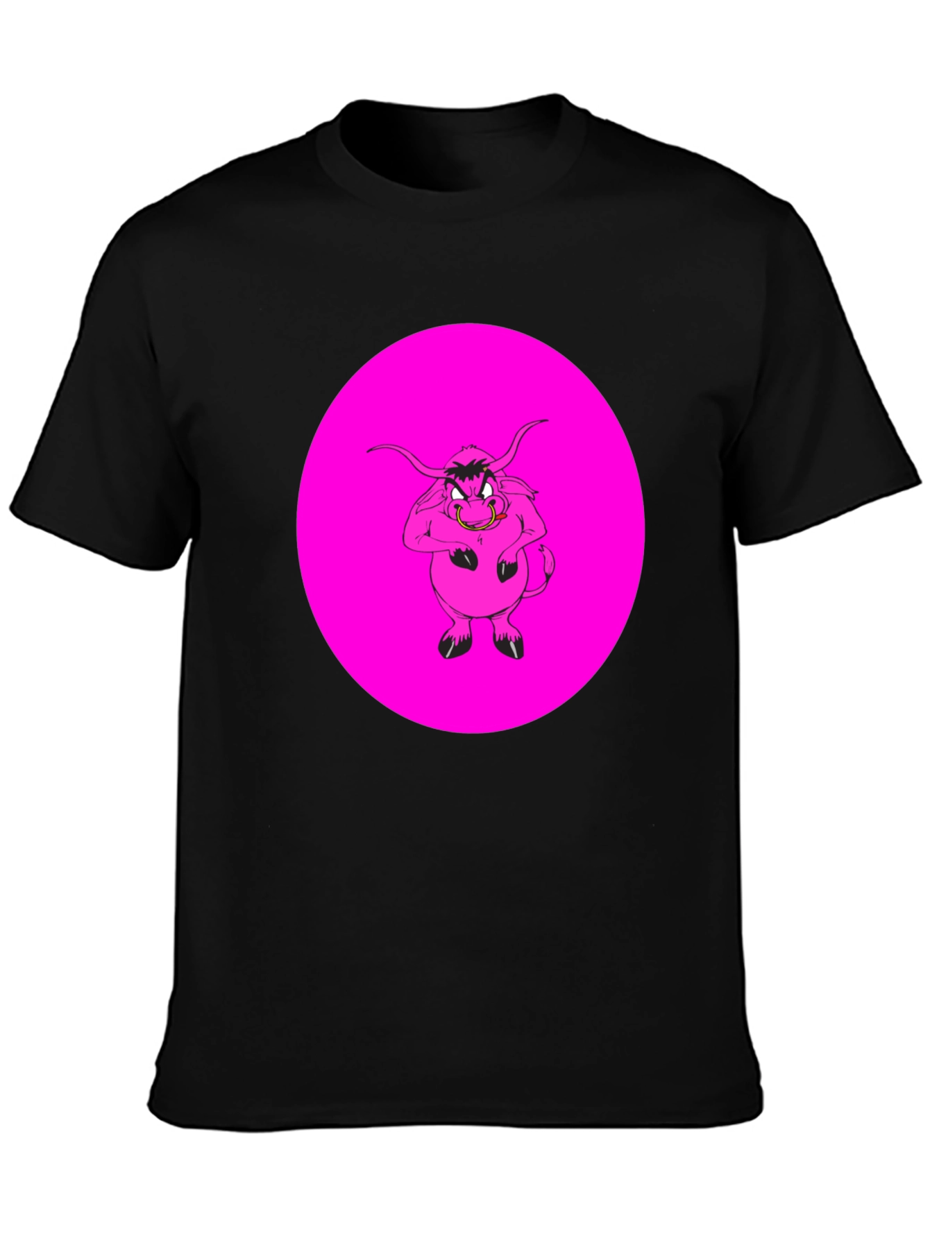 Pink Angry Bull Graphic Print Black T-Shirt