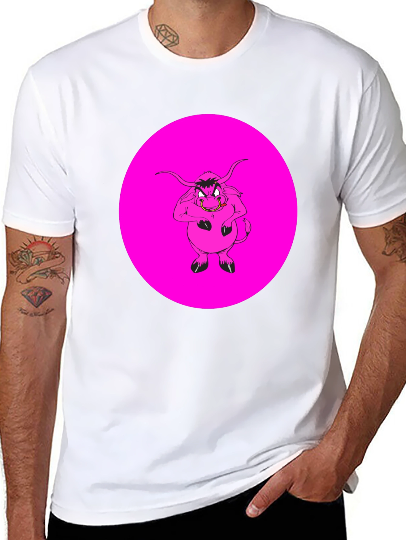 Pink Angry Bull Graphic Print Black T-Shirt