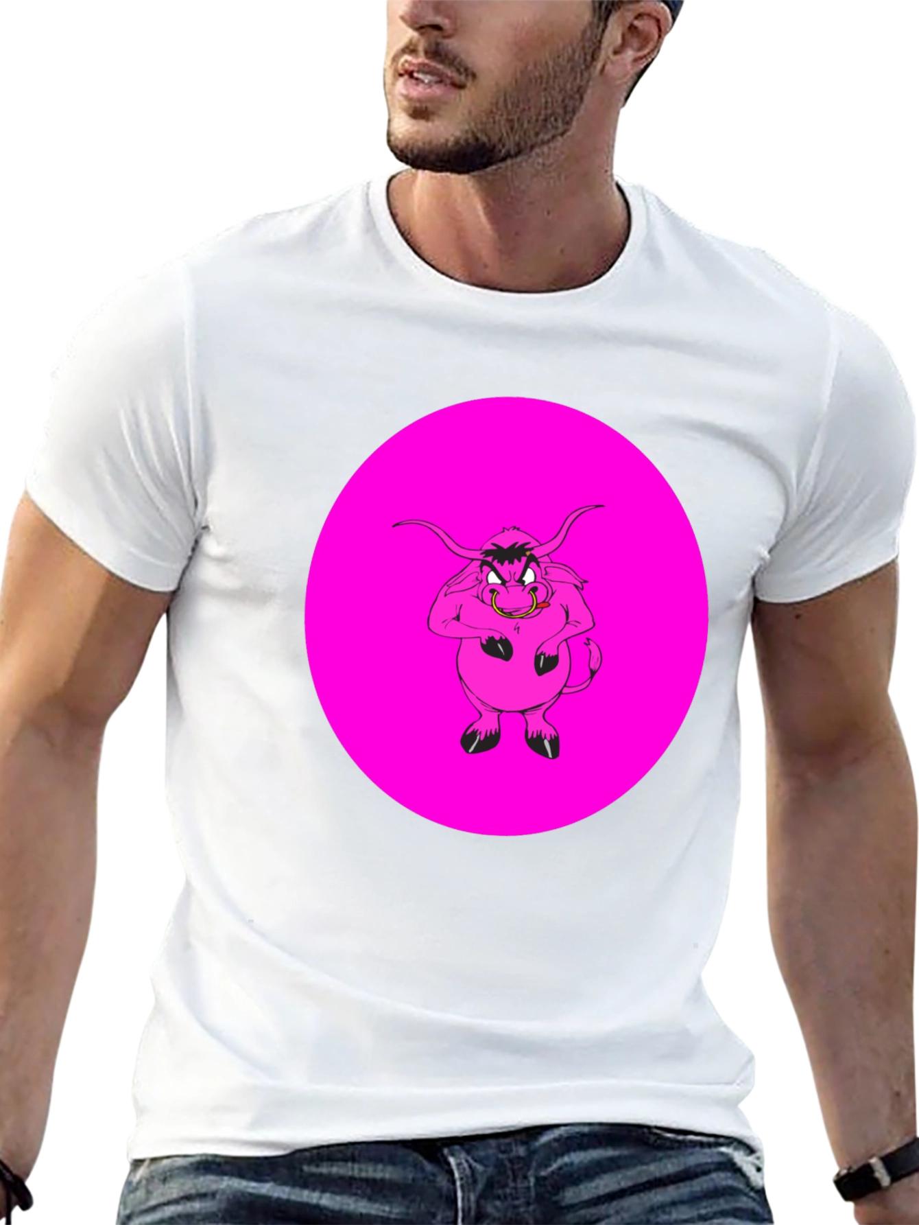 Pink Angry Bull Graphic Print Black T-Shirt