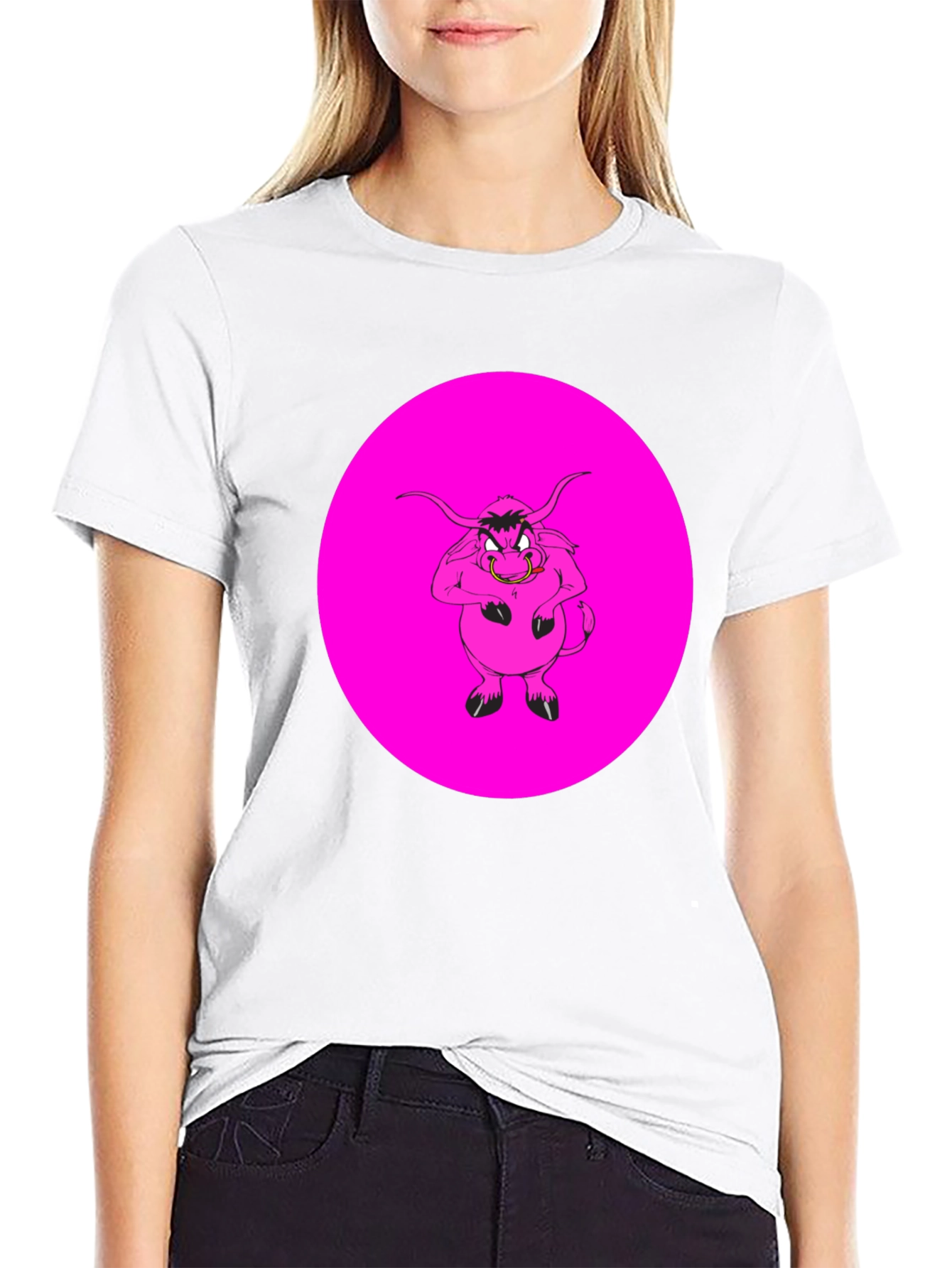 Pink Angry Bull Graphic Print Black T-Shirt