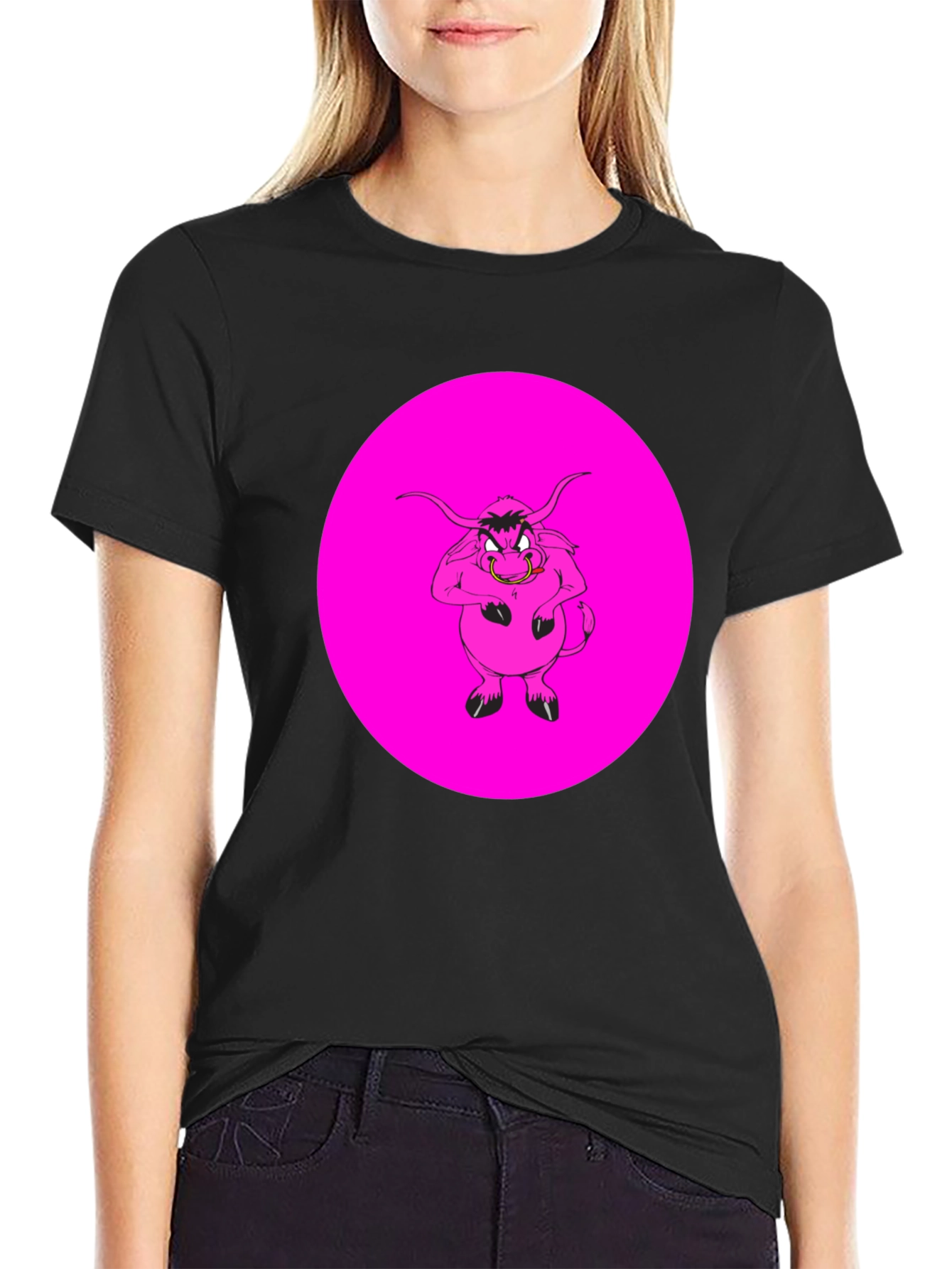 Pink Angry Bull Graphic Print Black T-Shirt