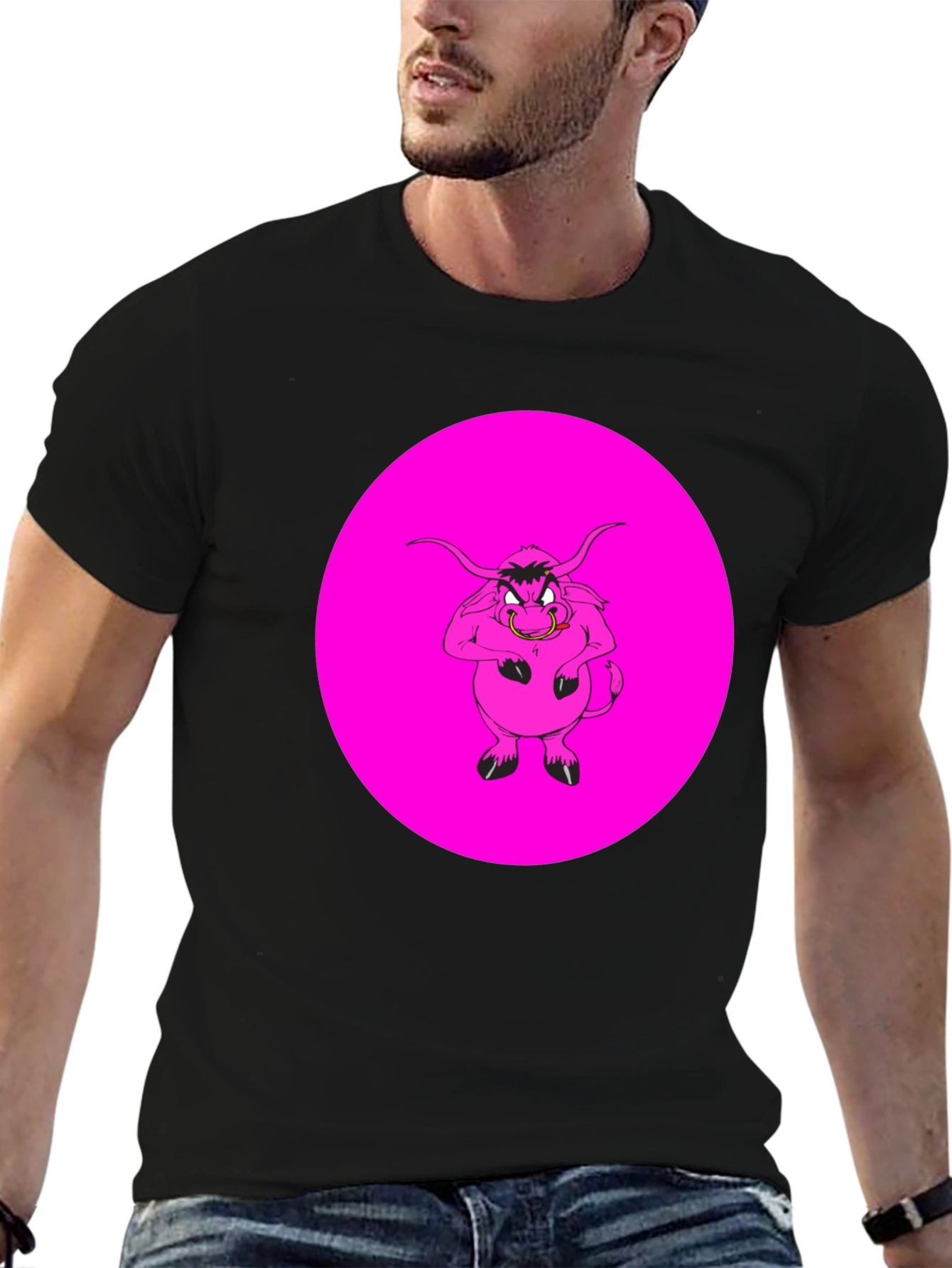 Pink Angry Bull Graphic Print Black T-Shirt