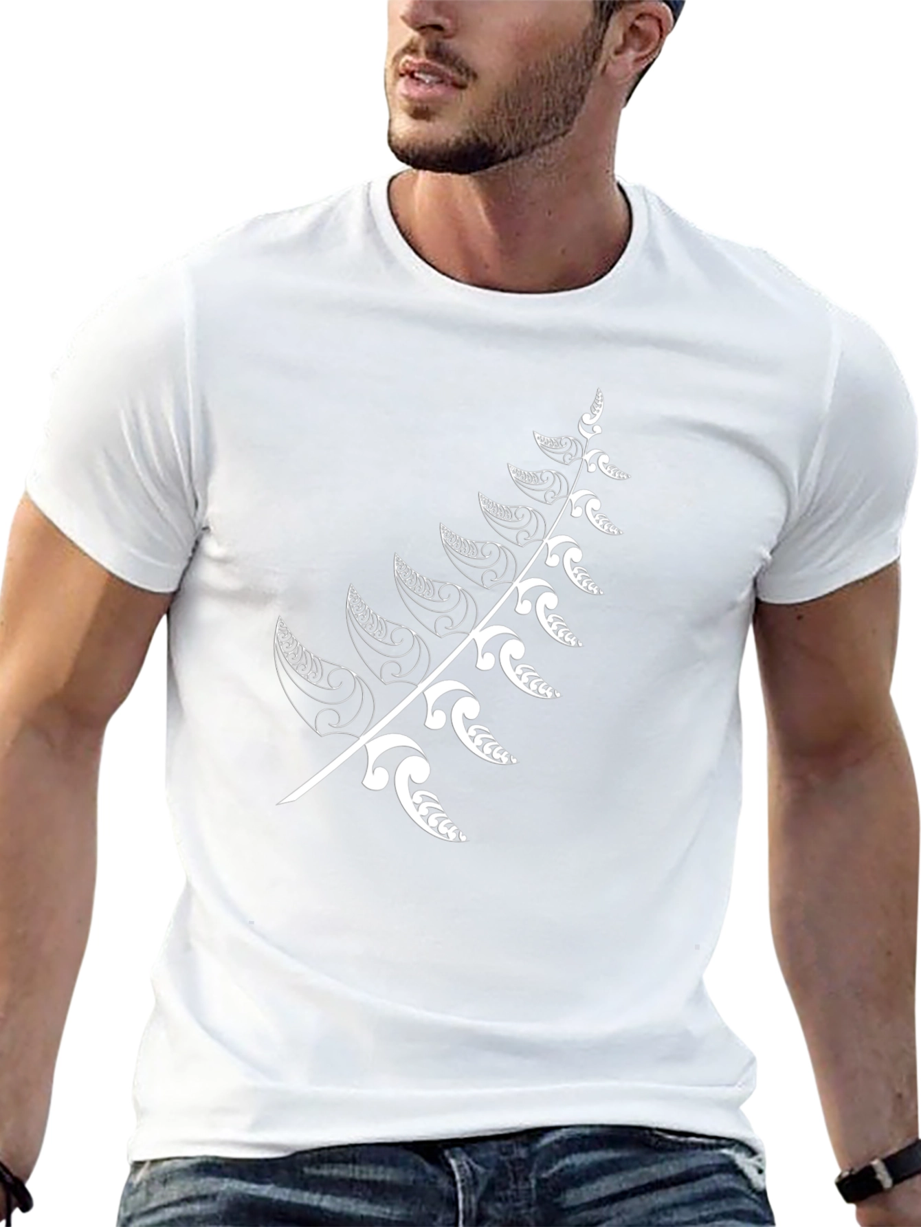 Black T-Shirt with White Fern Design