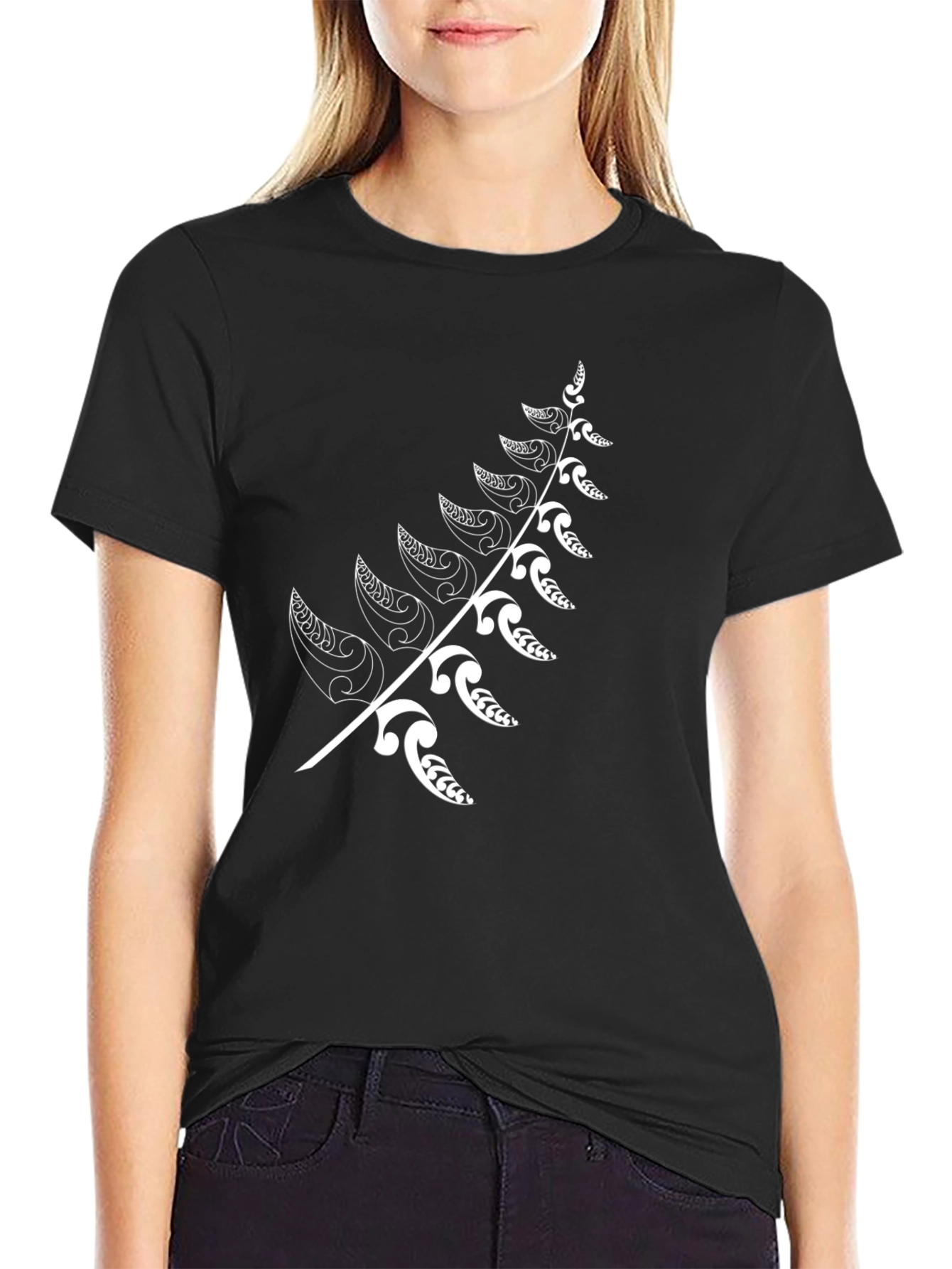 Black T-Shirt with White Fern Design