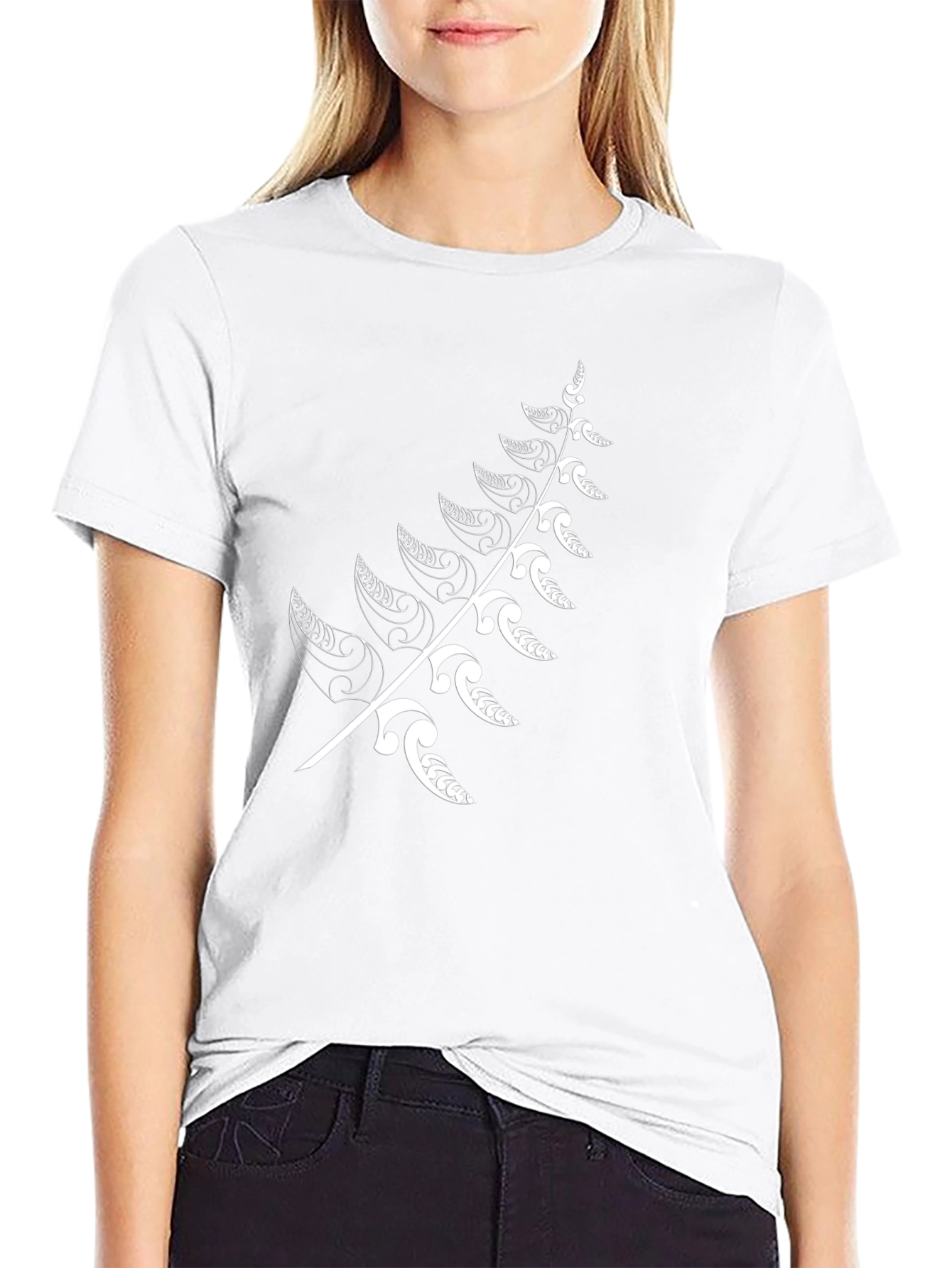 Black T-Shirt with White Fern Design