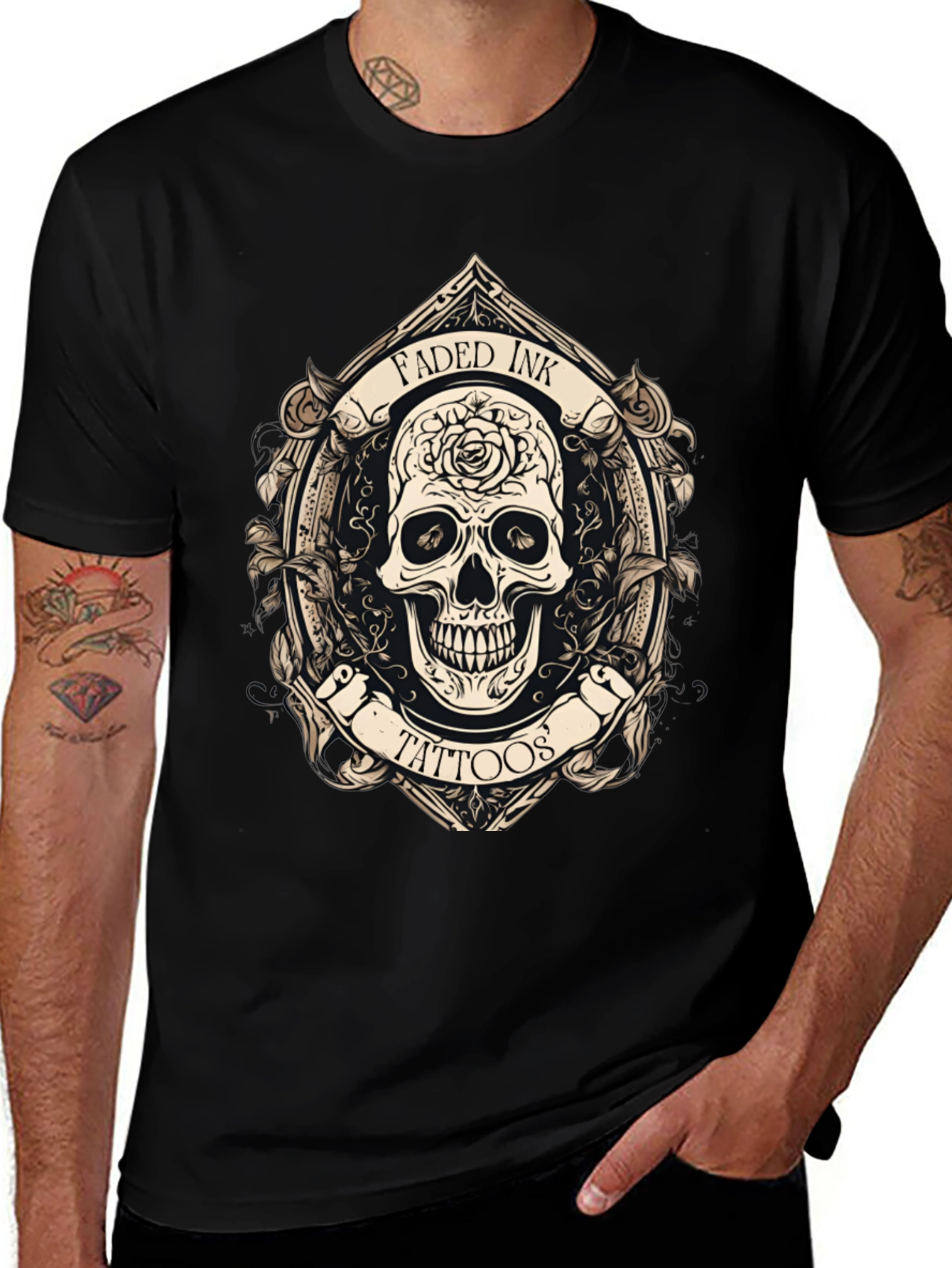 Faded Ink Tattoos Skull Graphic Black T-Shirt