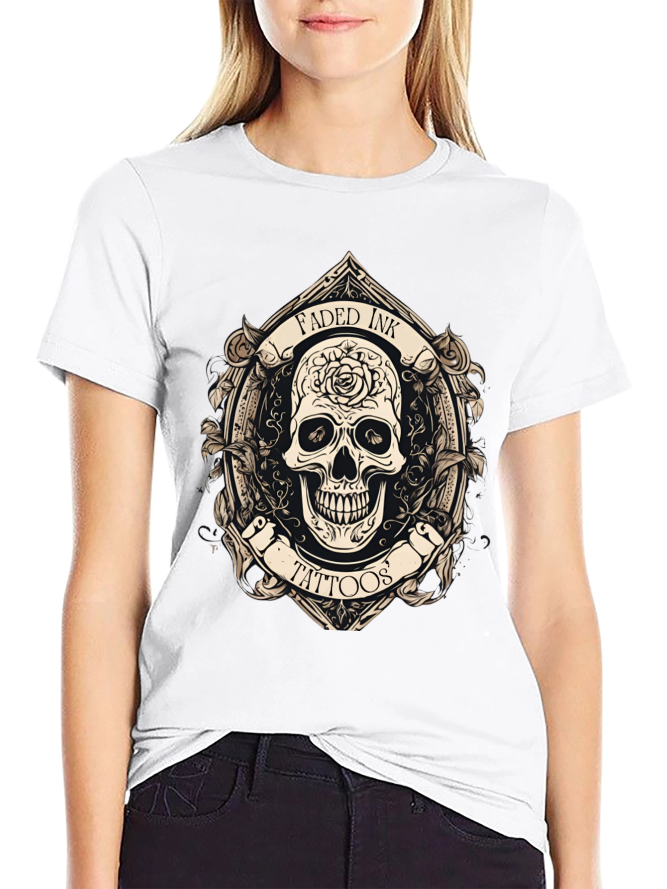 Faded Ink Tattoos Skull Graphic Black T-Shirt