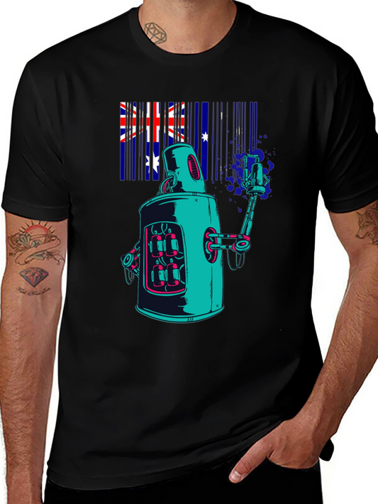 Robot Aussie Flag Black T-Shirt