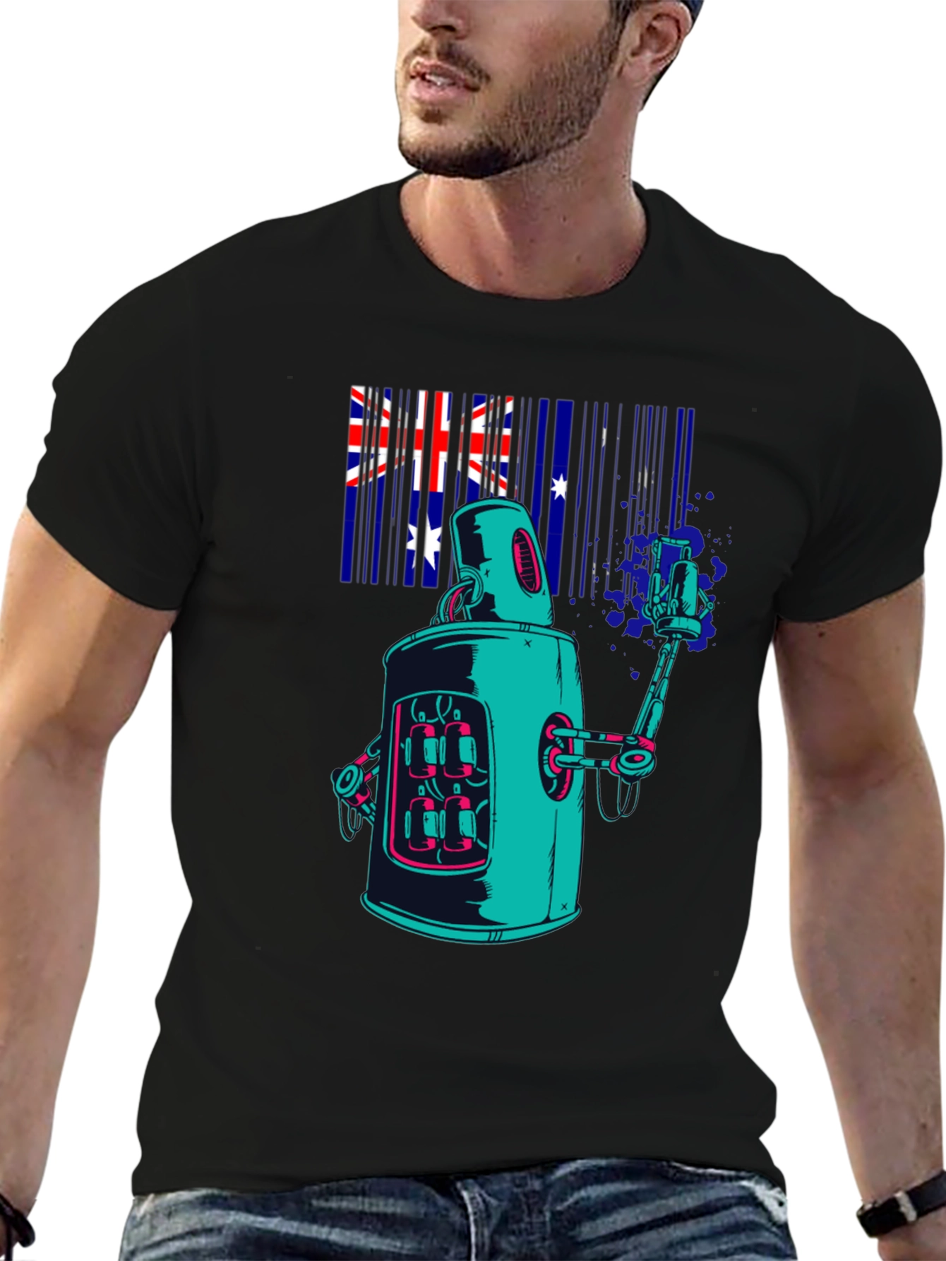 Robot Aussie Flag Black T-Shirt