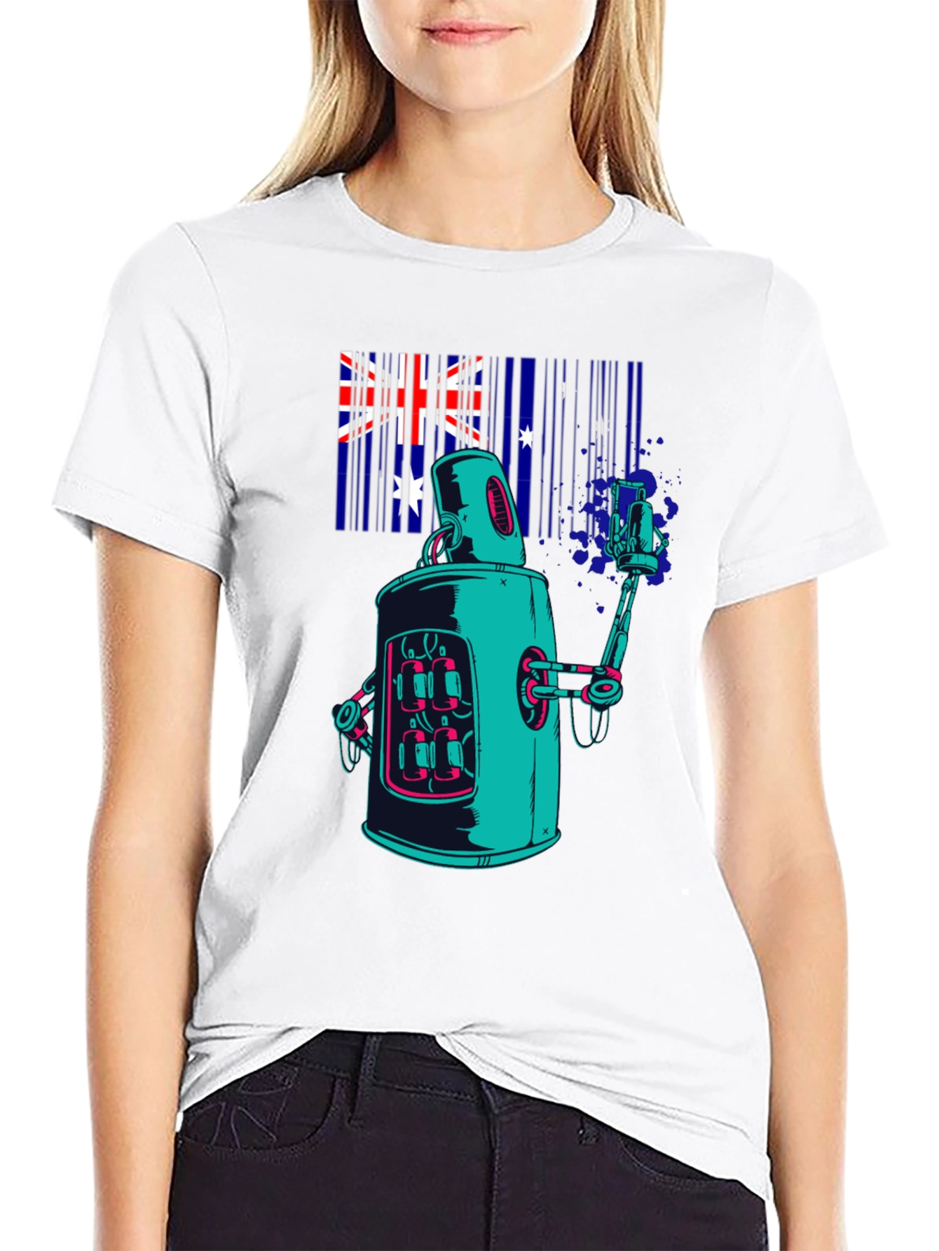 Robot Aussie Flag Black T-Shirt