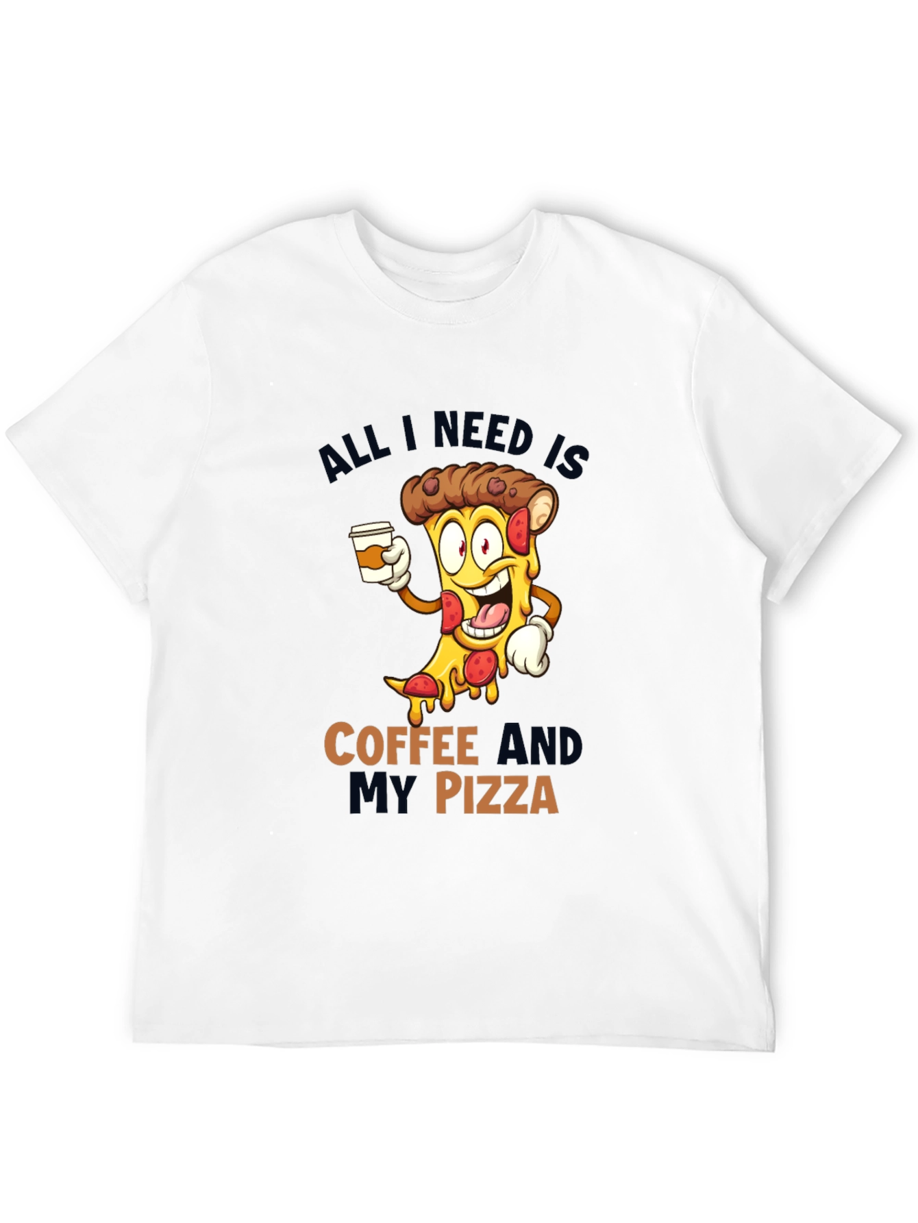 Coffee and Pizza Cartoon Black T-Shirt