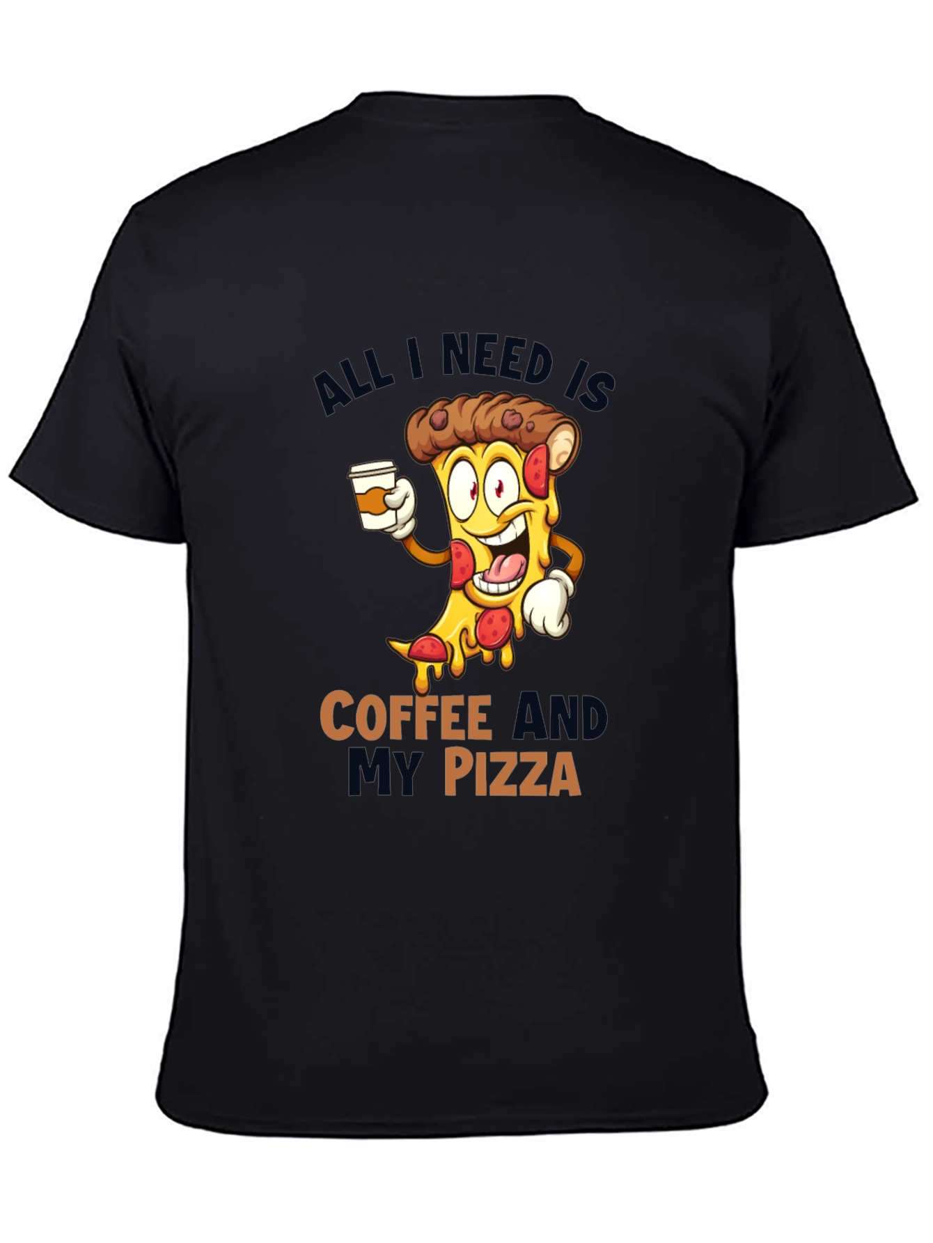 Coffee and Pizza Cartoon Black T-Shirt