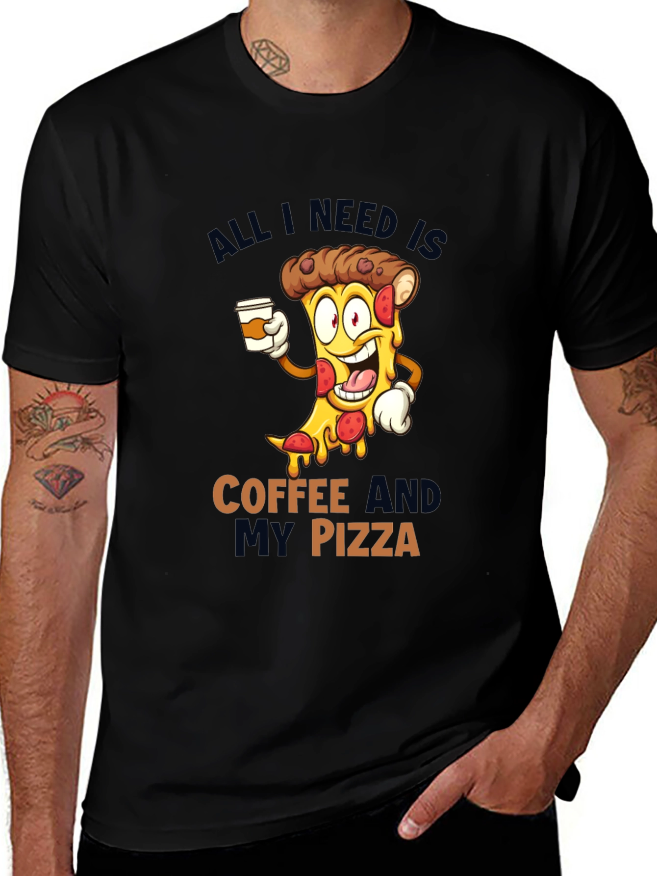 Coffee and Pizza Cartoon Black T-Shirt