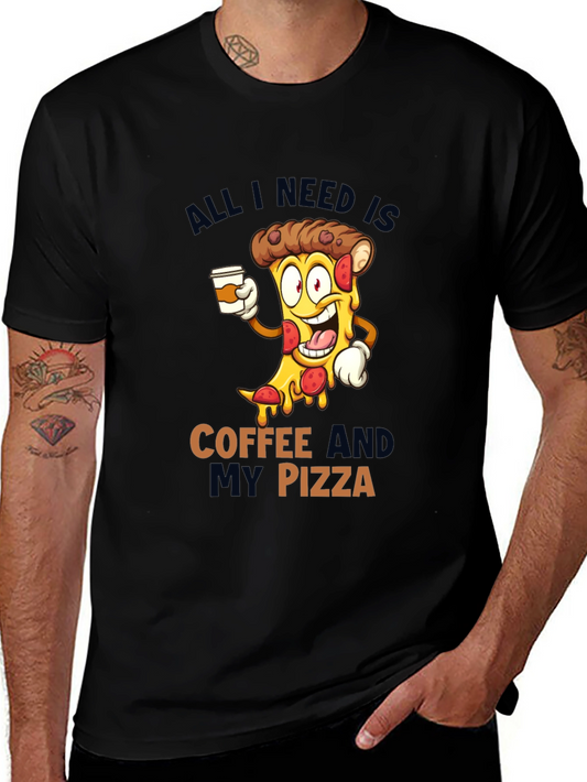 Coffee and Pizza Cartoon Black T-Shirt