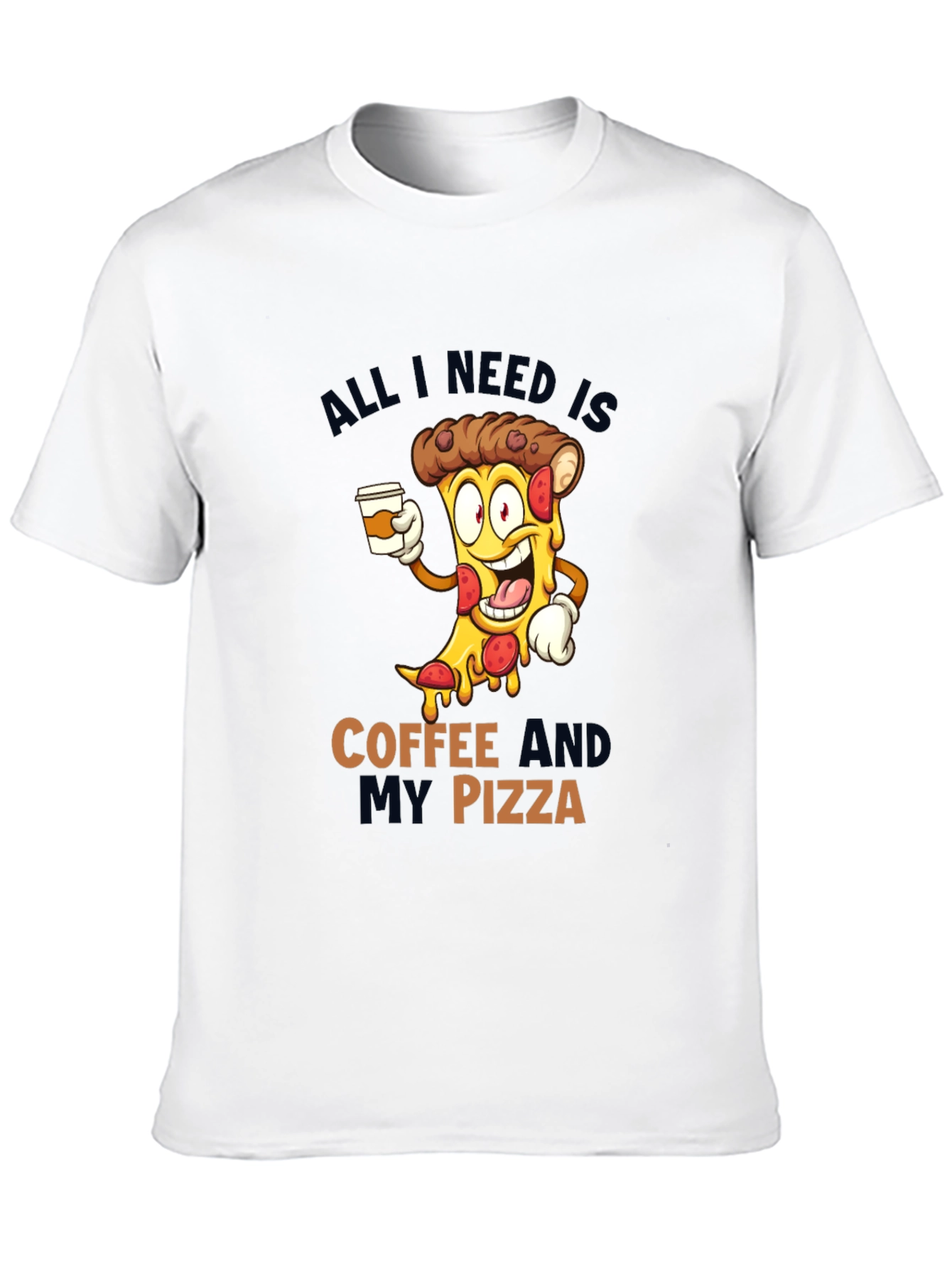 Coffee and Pizza Cartoon Black T-Shirt