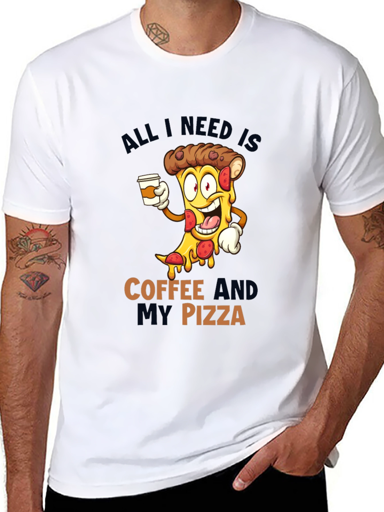 Coffee and Pizza Cartoon Black T-Shirt
