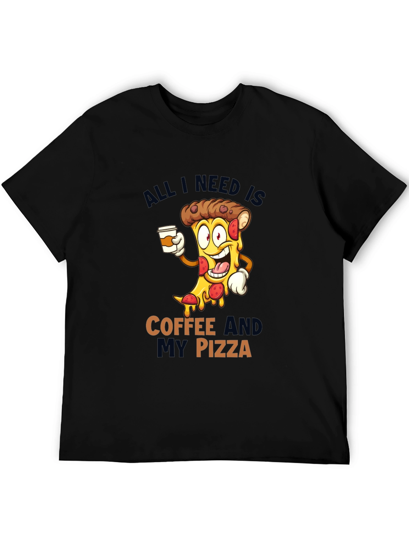 Coffee and Pizza Cartoon Black T-Shirt
