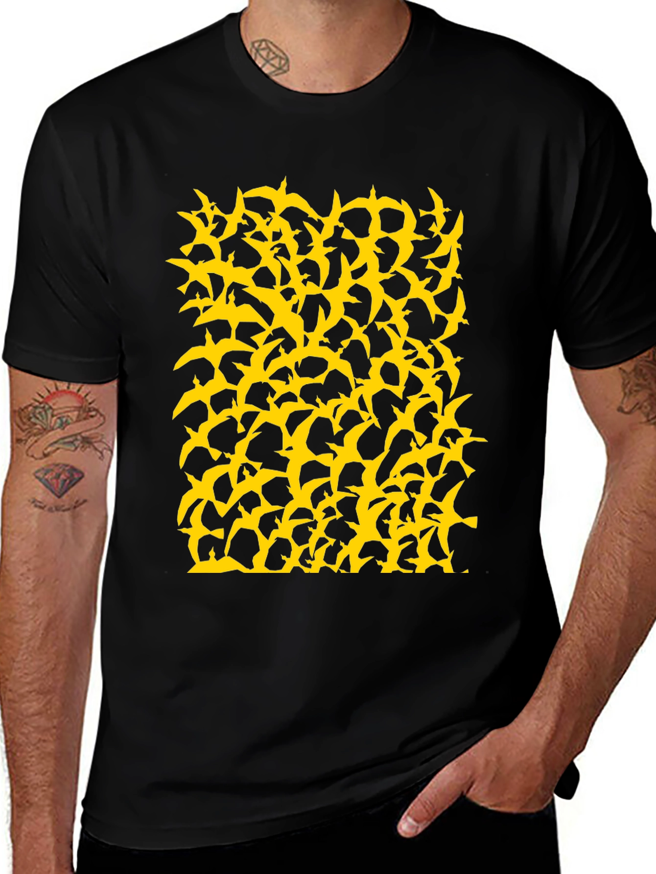 Birds Pattern Black T-Shirt