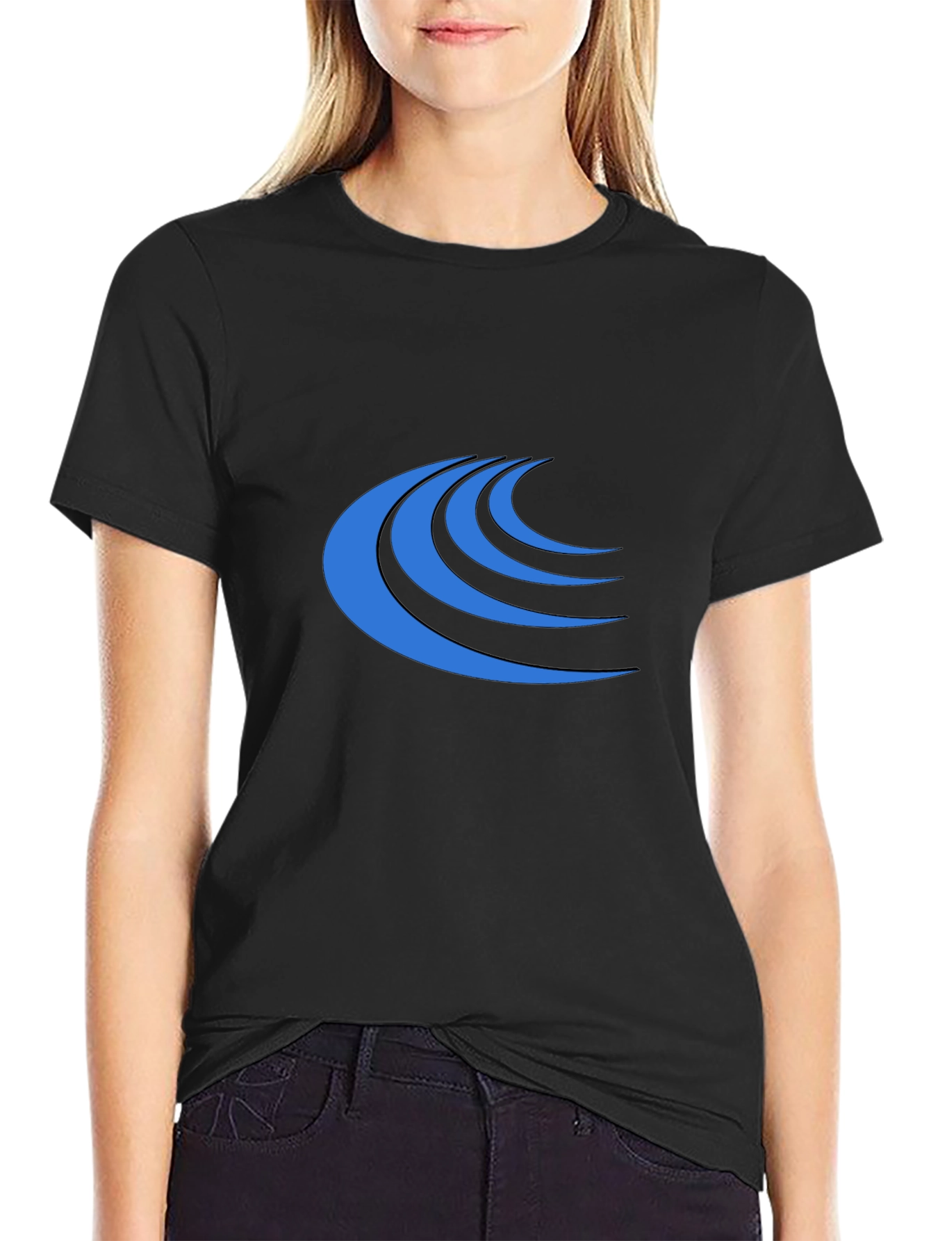Modern Blue Wave Graphic Black T-Shirt