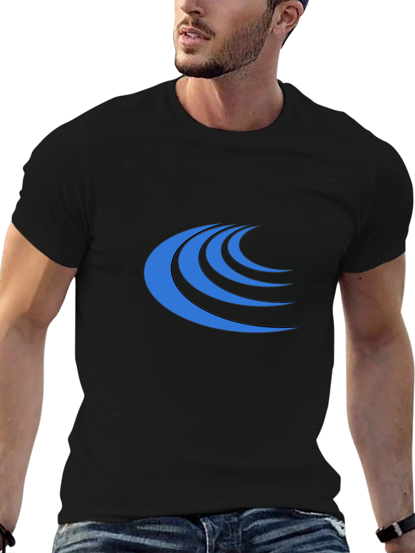 Modern Blue Wave Graphic Black T-Shirt