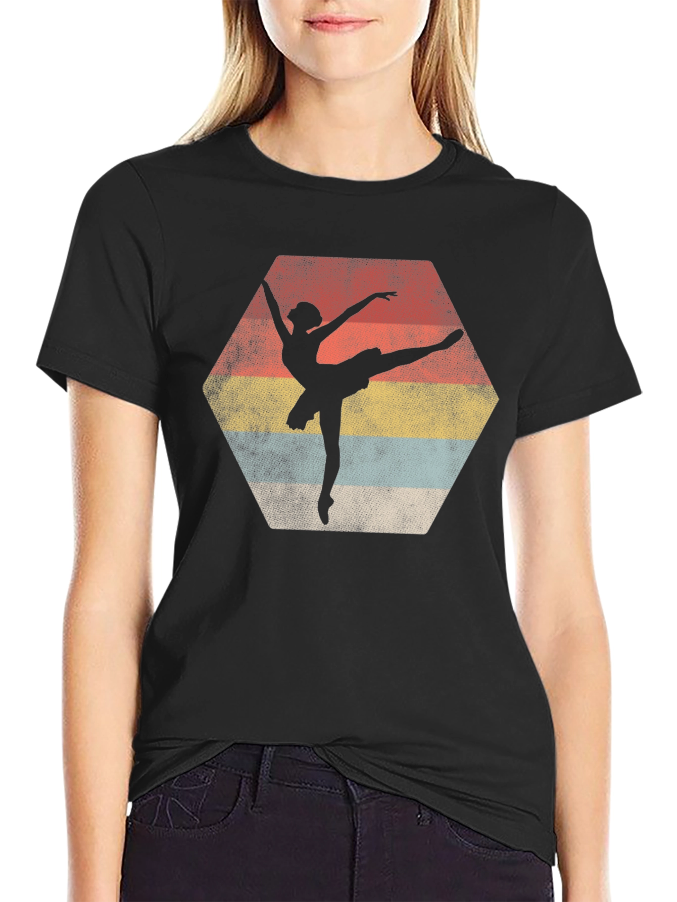 Ballet Dancer Retro Graphic Tee - Black Cotton Casual