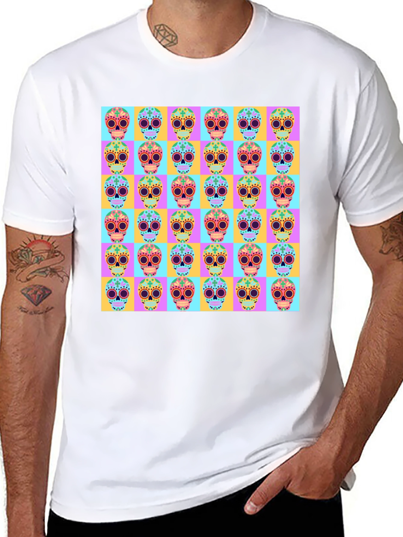 Skull Pattern Graphic Tee - Mens Black T-Shirt