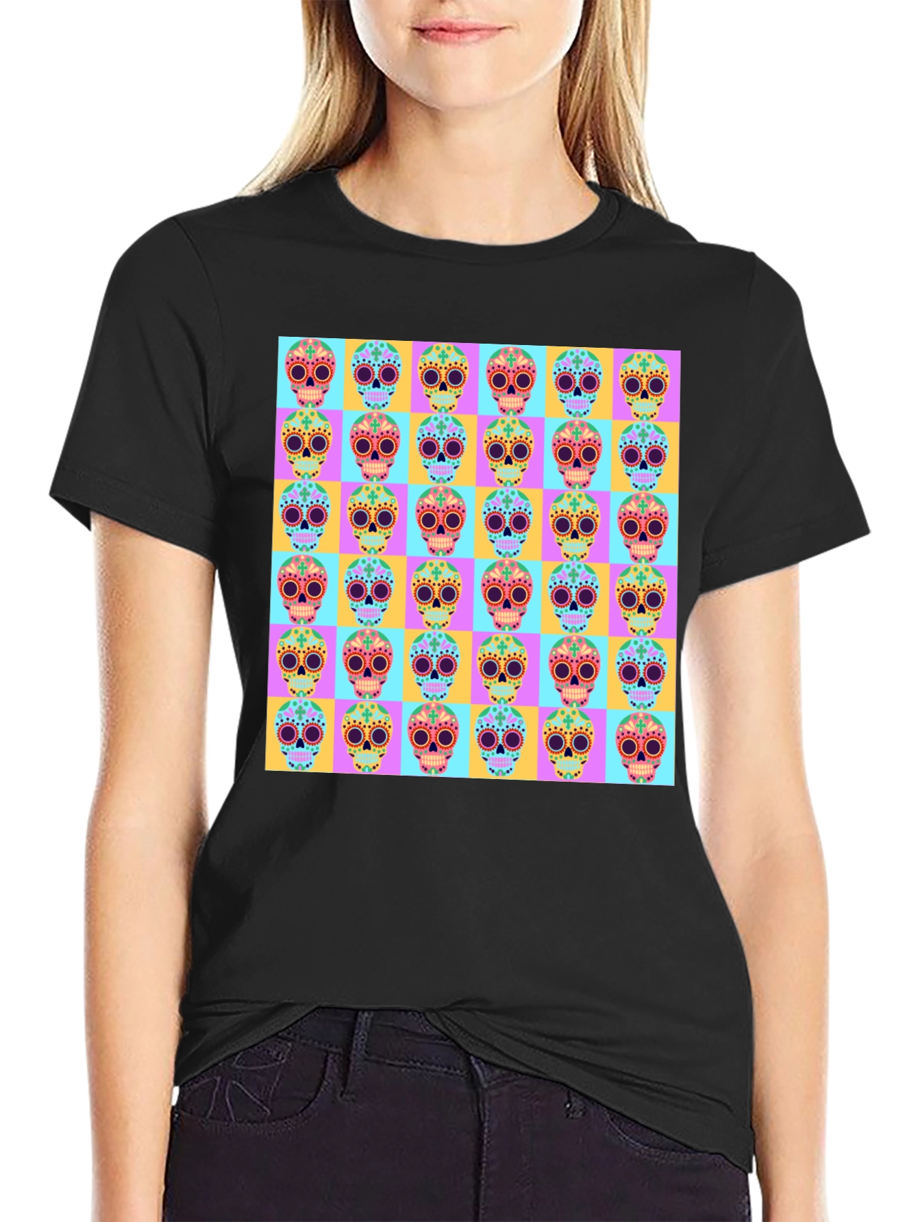 Skull Pattern Graphic Tee - Mens Black T-Shirt