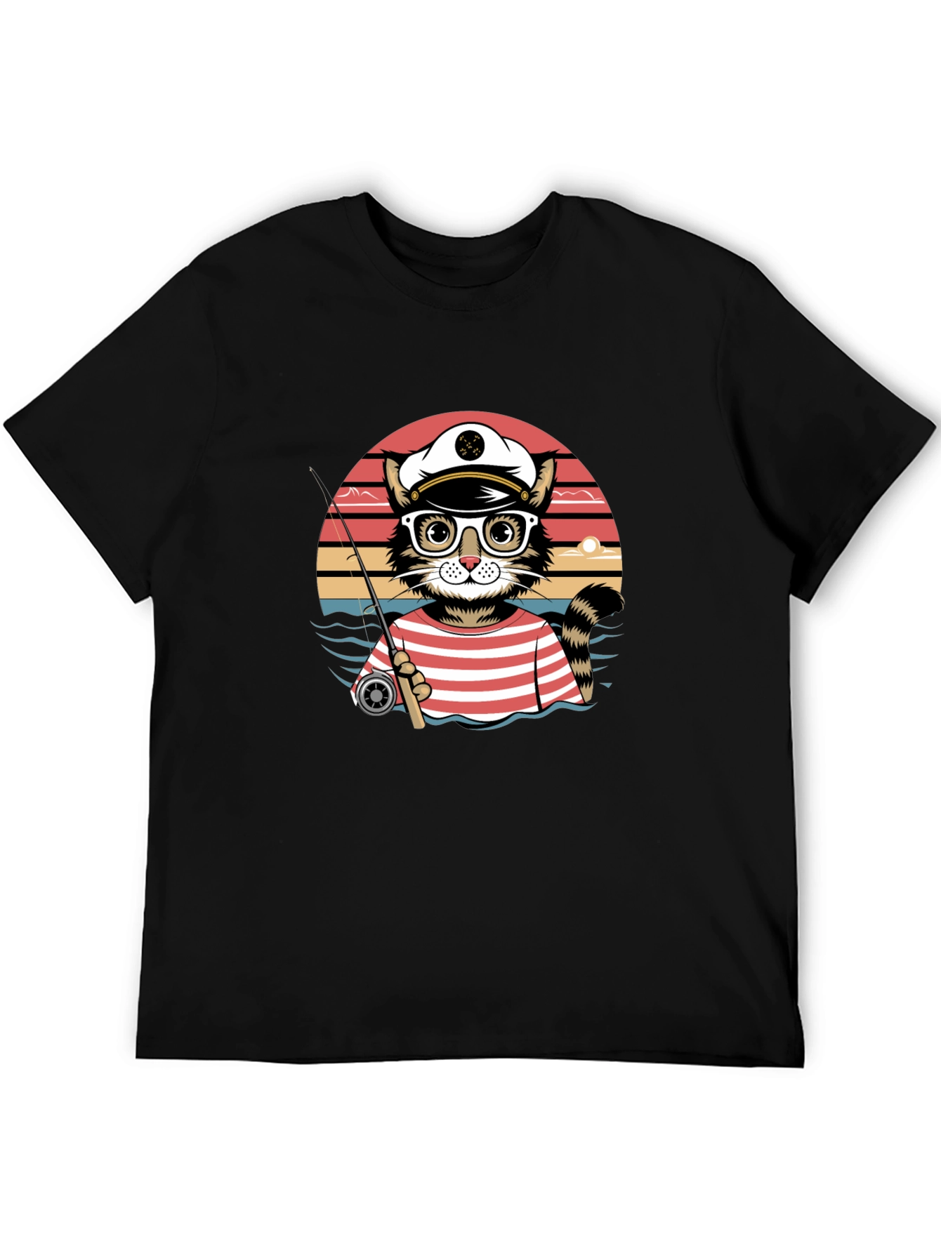 Cat Captain Fishing T-Shirt - Striped Sailor Style