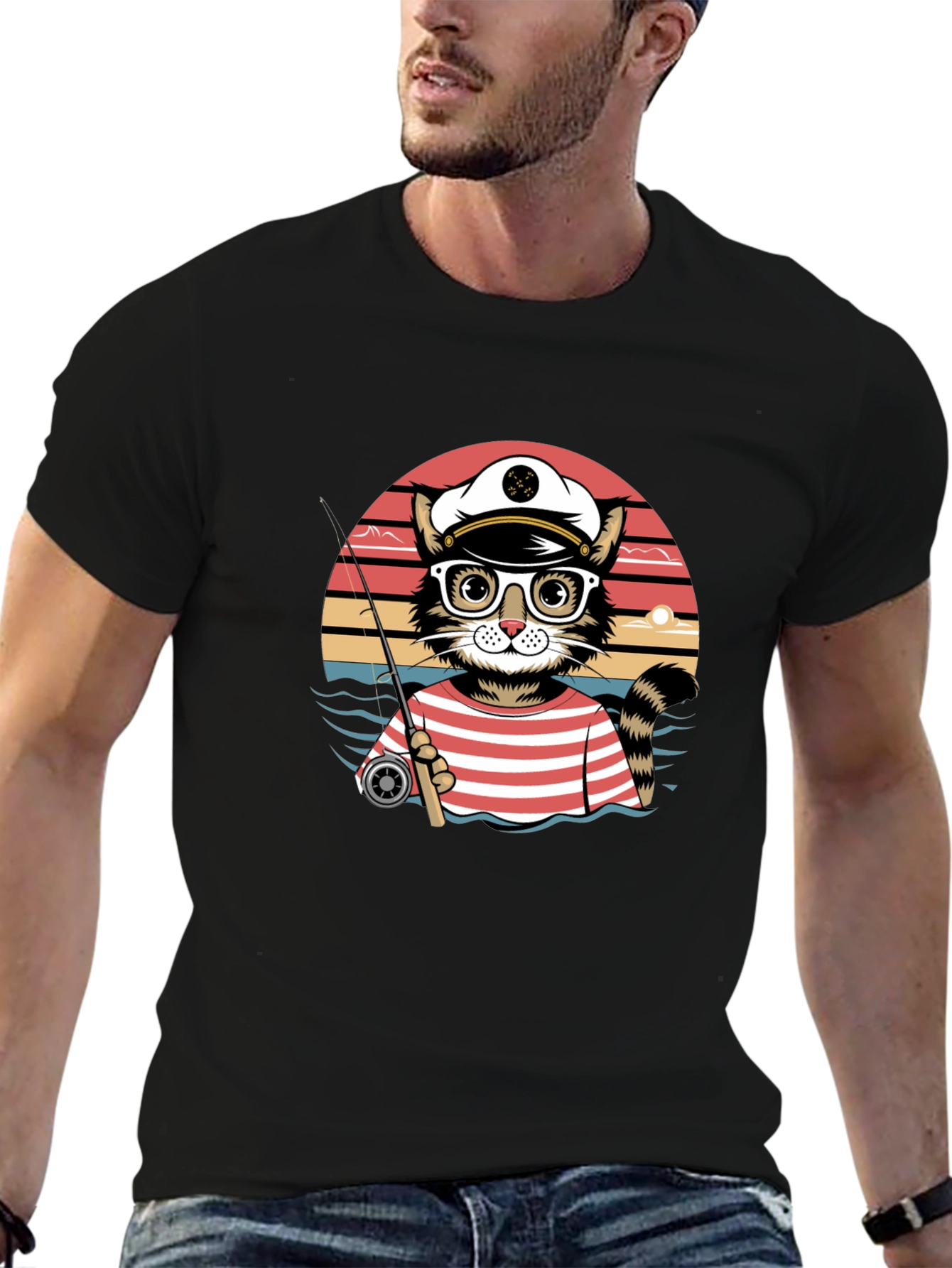 Cat Captain Fishing T-Shirt - Striped Sailor Style