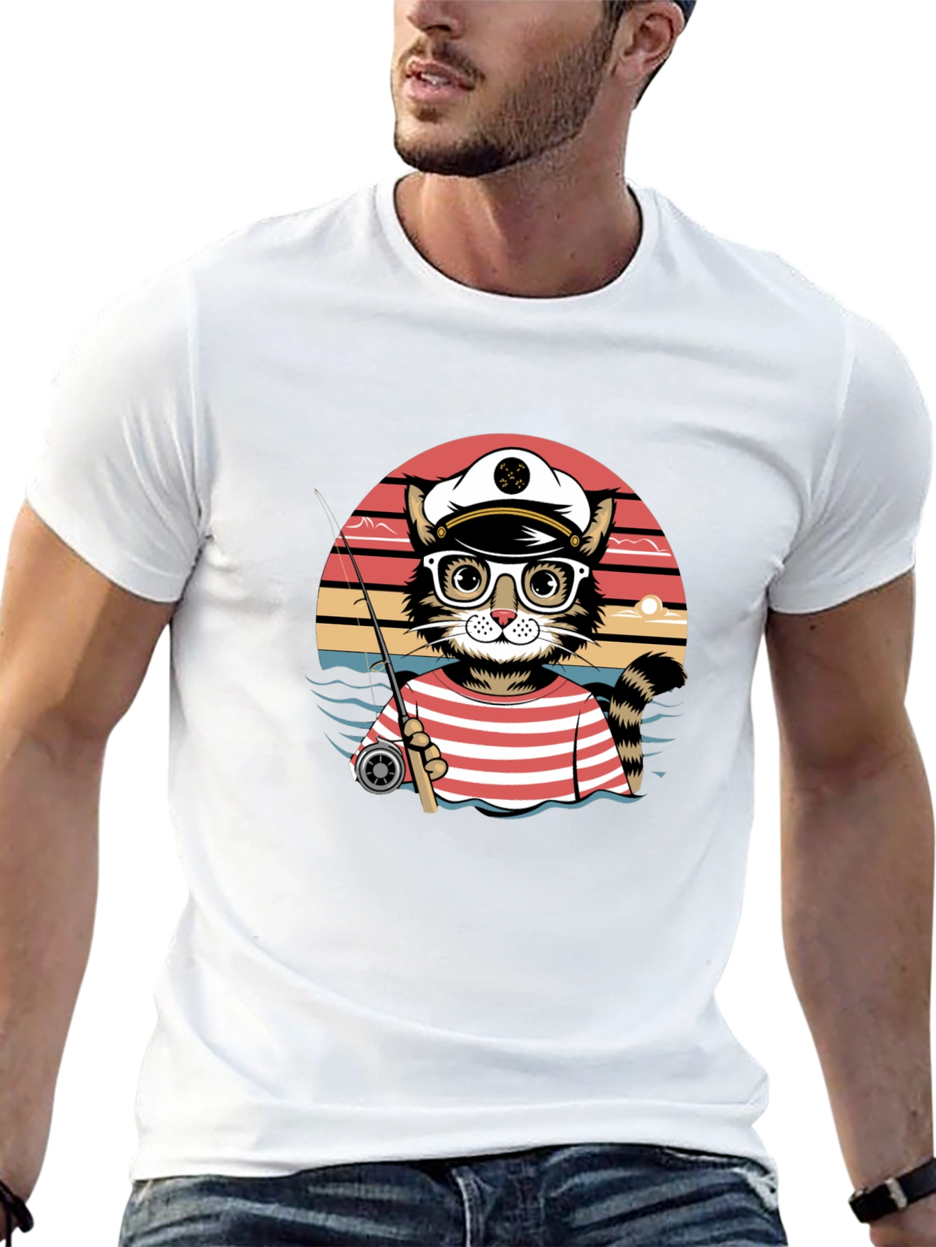 Cat Captain Fishing T-Shirt - Striped Sailor Style