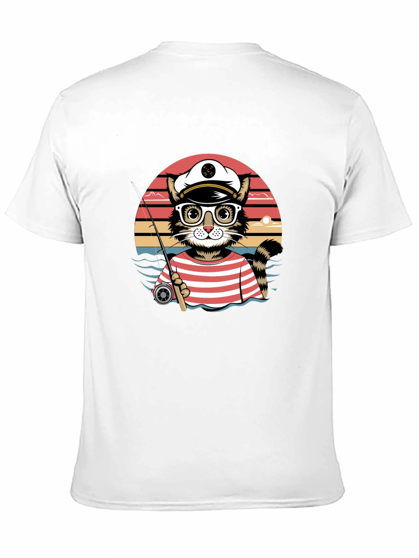 Cat Captain Fishing T-Shirt - Striped Sailor Style