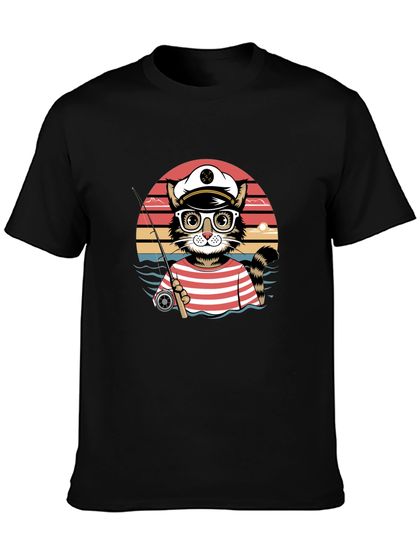 Cat Captain Fishing T-Shirt - Striped Sailor Style