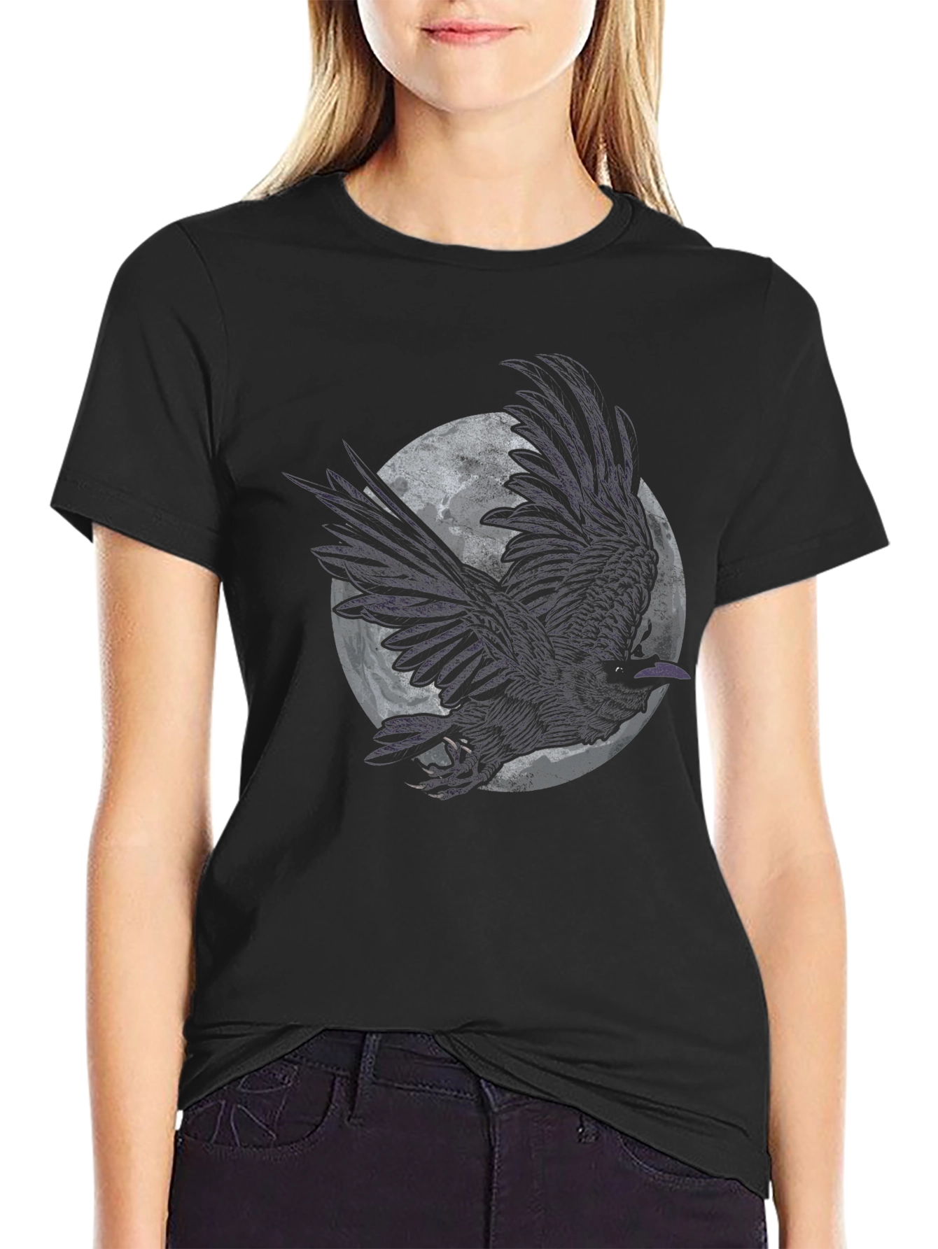Raven Moon Graphic Tee - Black Cotton T-Shirt
