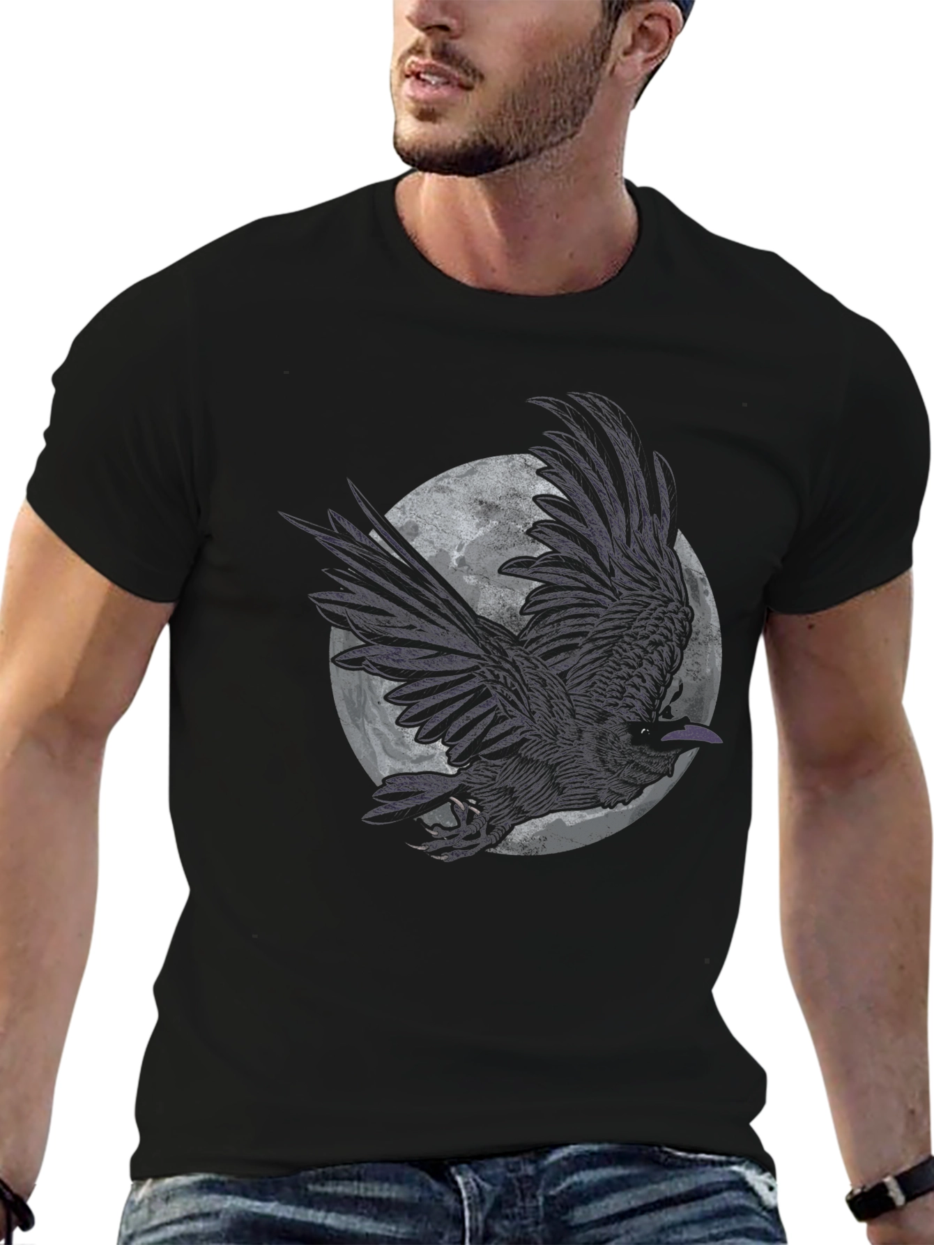 Raven Moon Graphic Tee - Black Cotton T-Shirt