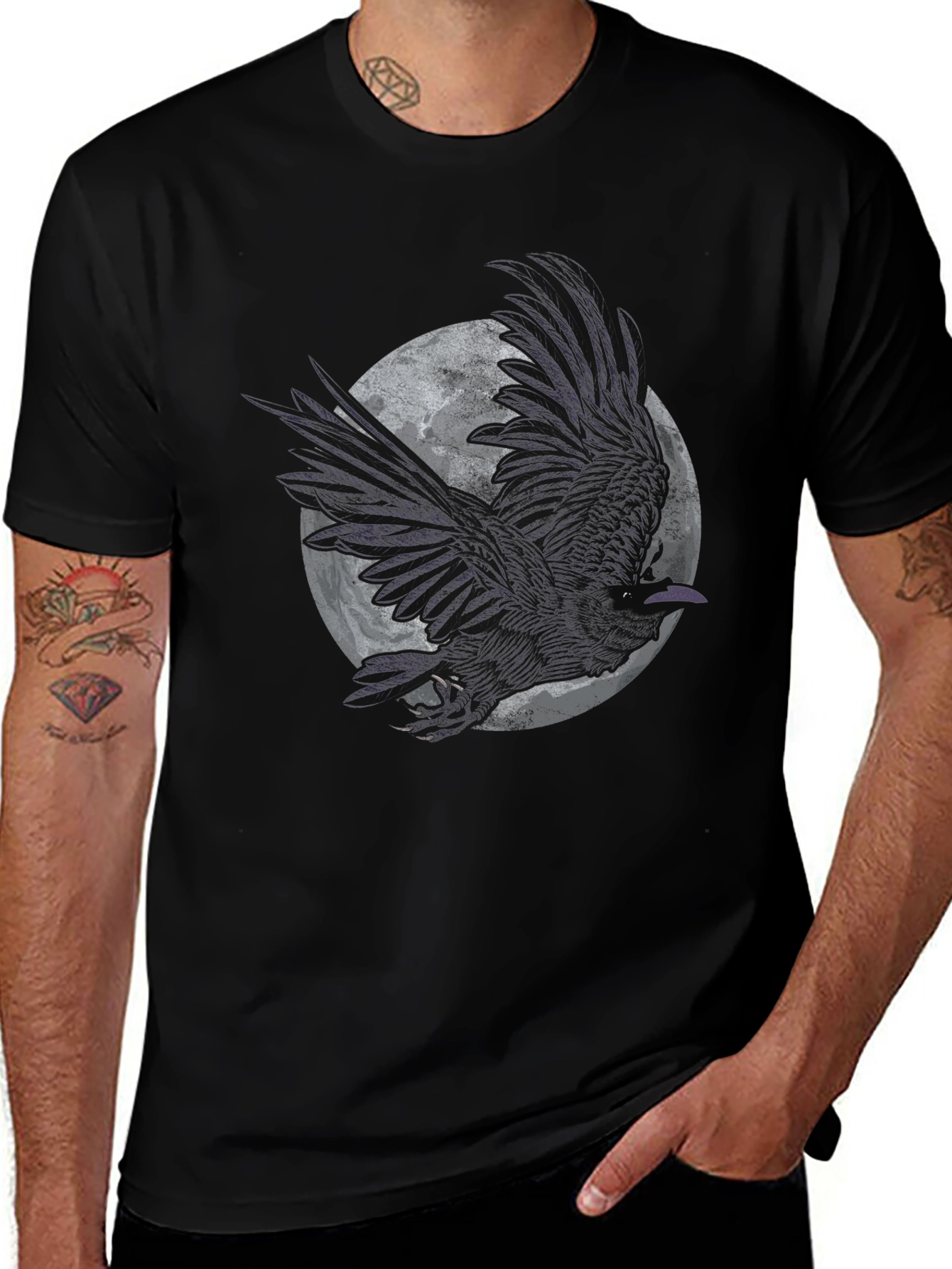 Raven Moon Graphic Tee - Black Cotton T-Shirt
