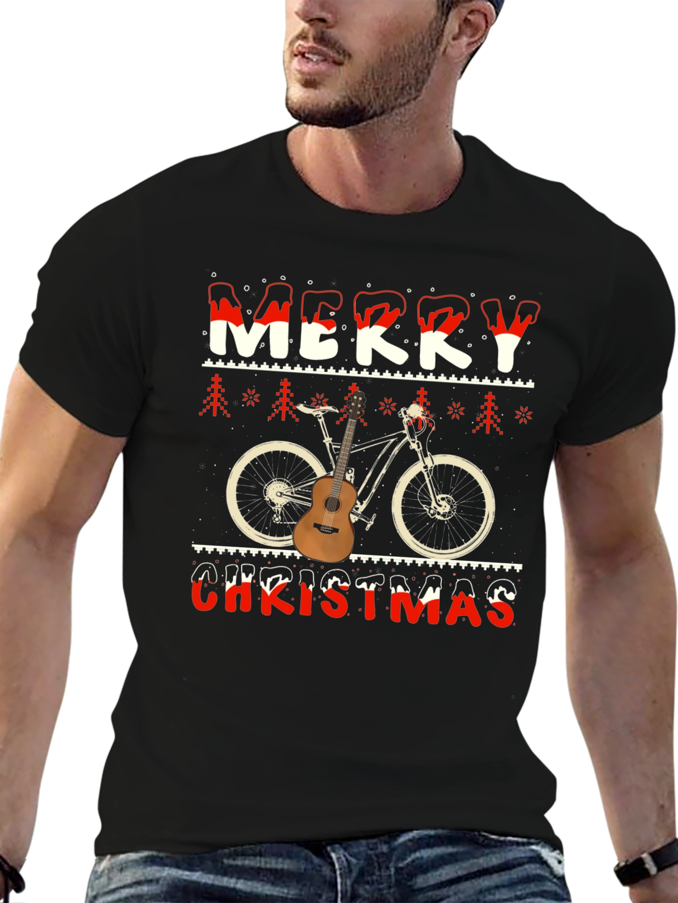 Merry Christmas Bicycle Guitar T-Shirt