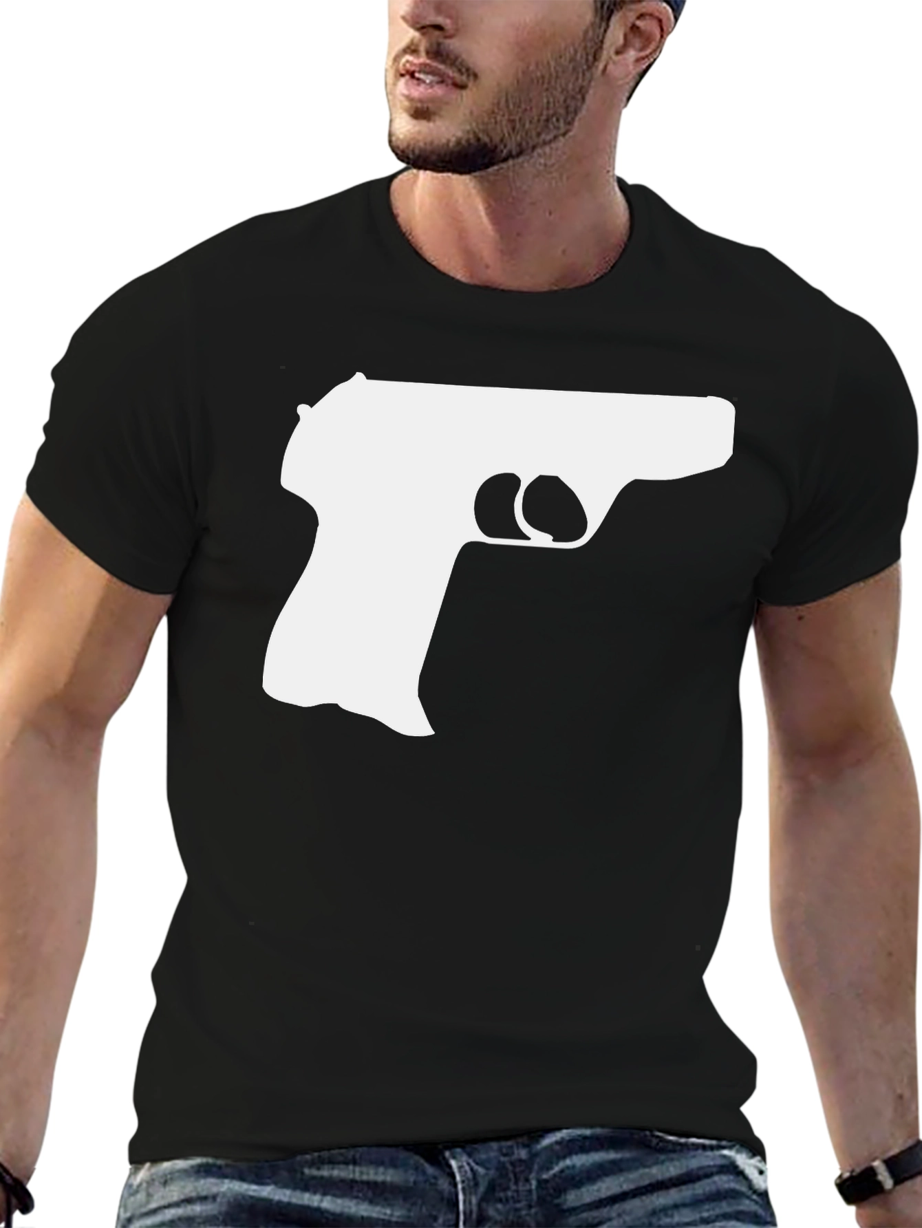 Gun Silhouette Graphic Tee - Black Cotton T-Shirt