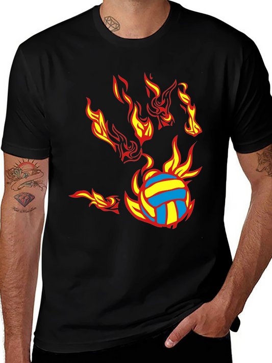 Fiery Volleyball Graphic Tee - Black Cotton Blend