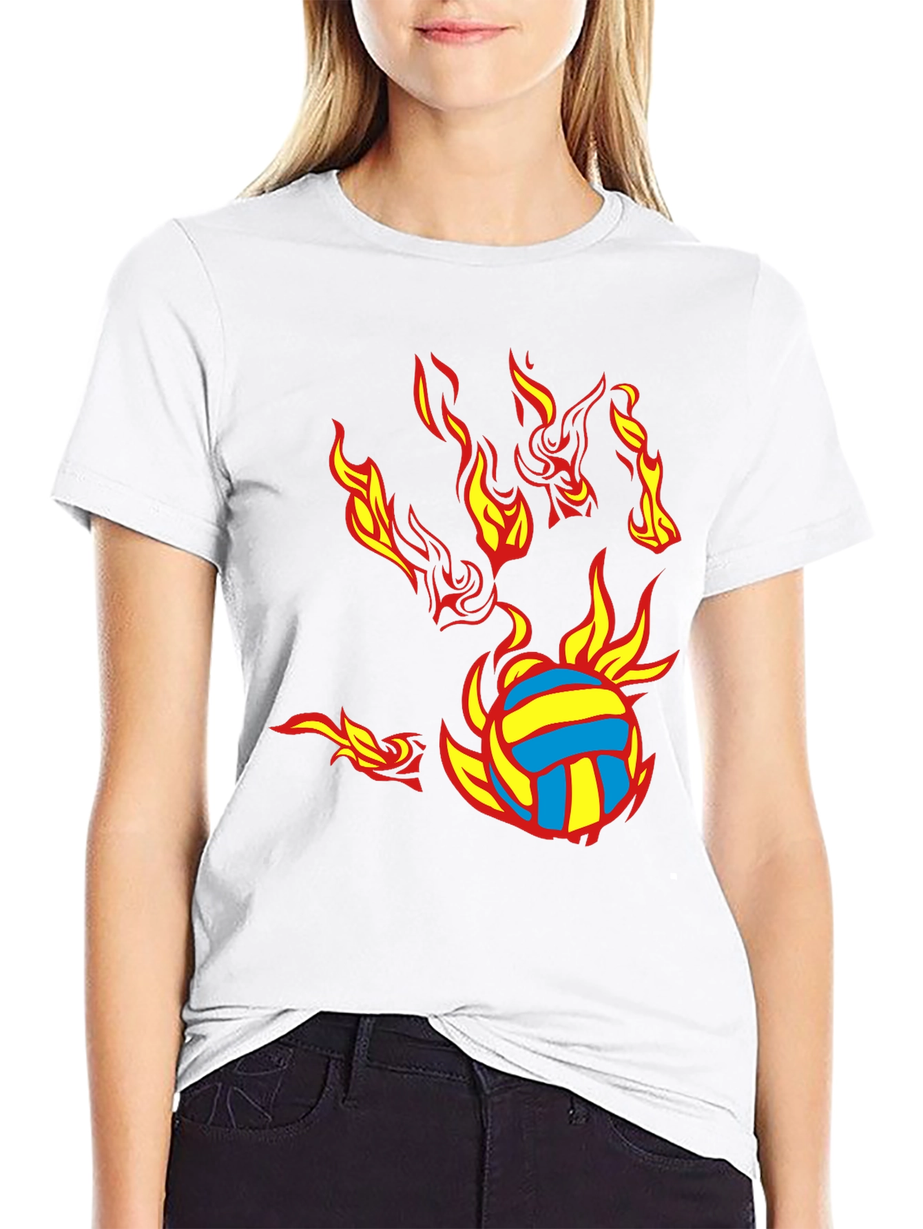 Fiery Volleyball Graphic Tee - Black Cotton Blend