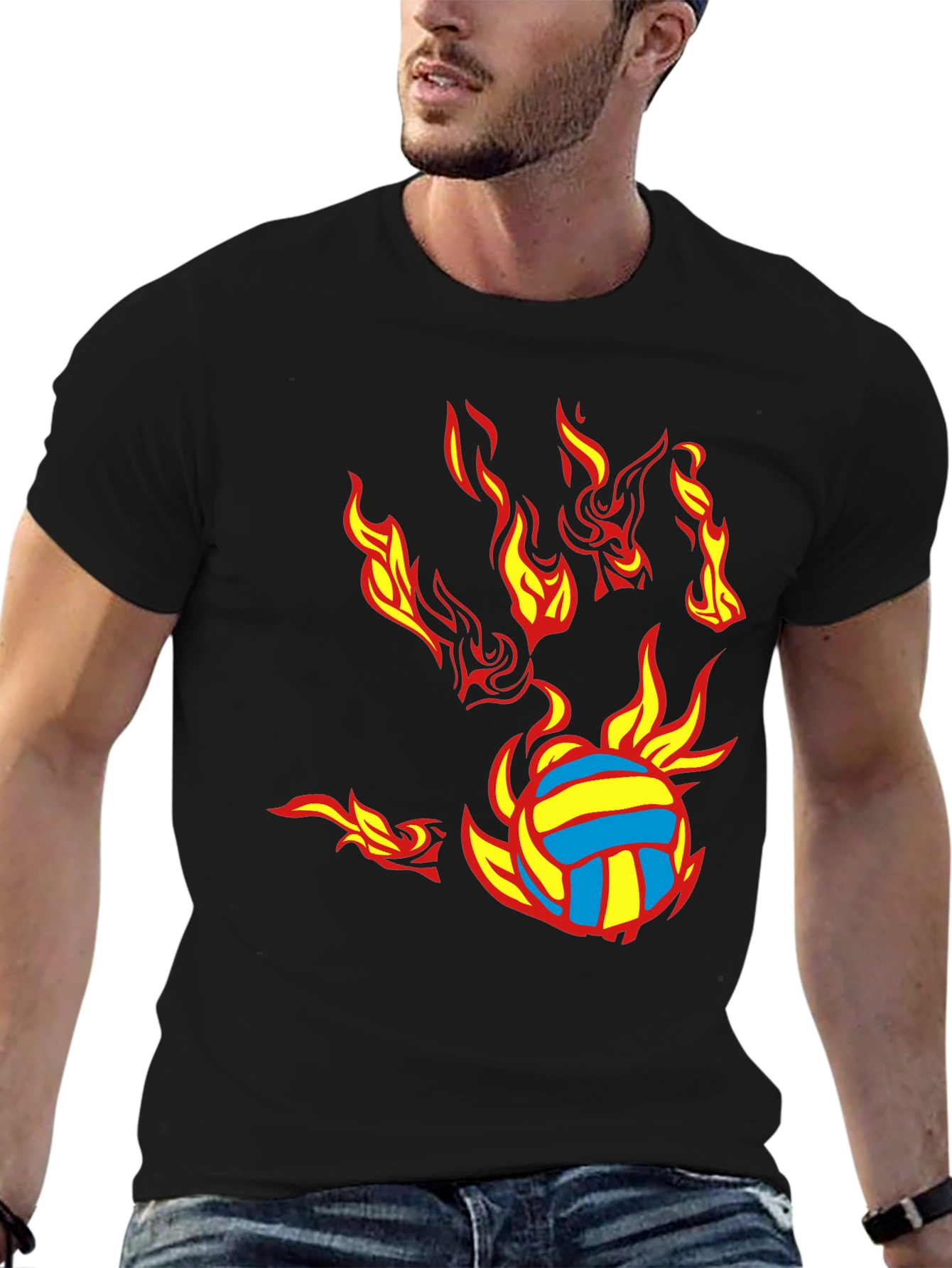 Fiery Volleyball Graphic Tee - Black Cotton Blend
